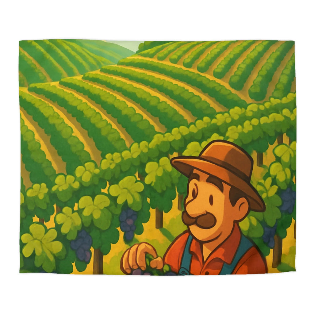 Housse de couette illustration de vendangeur dans un vignoble éclairé par soleil radieux