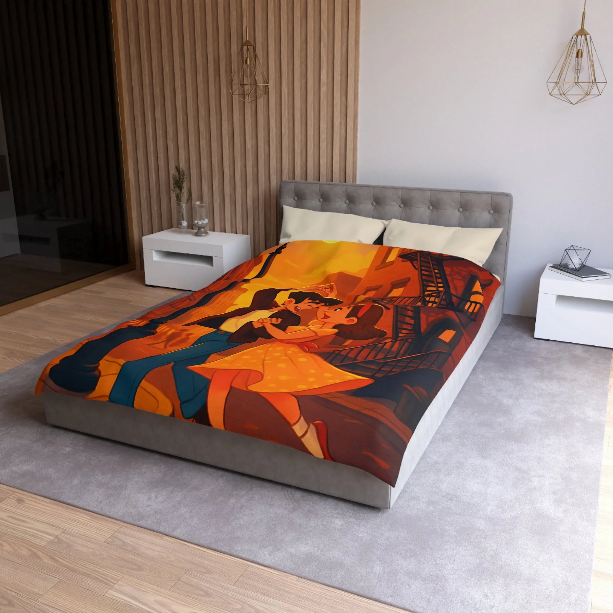 Danse romantique rétro sous réverbère vintage, ambiance urbaine crépusculaire charmante et nostalgique