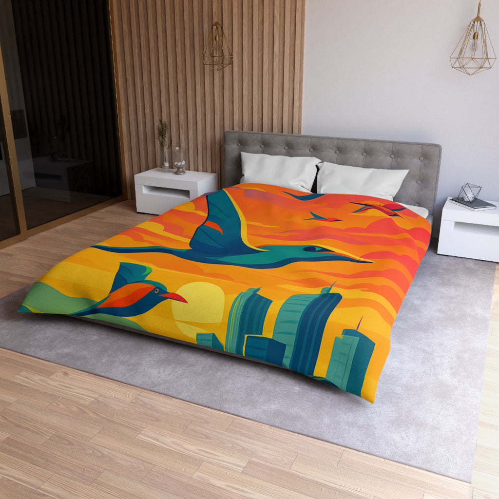 Housse de Couette Vibrante avec Oiseaux Volant au-dessus Champs et Ville au Crépuscule