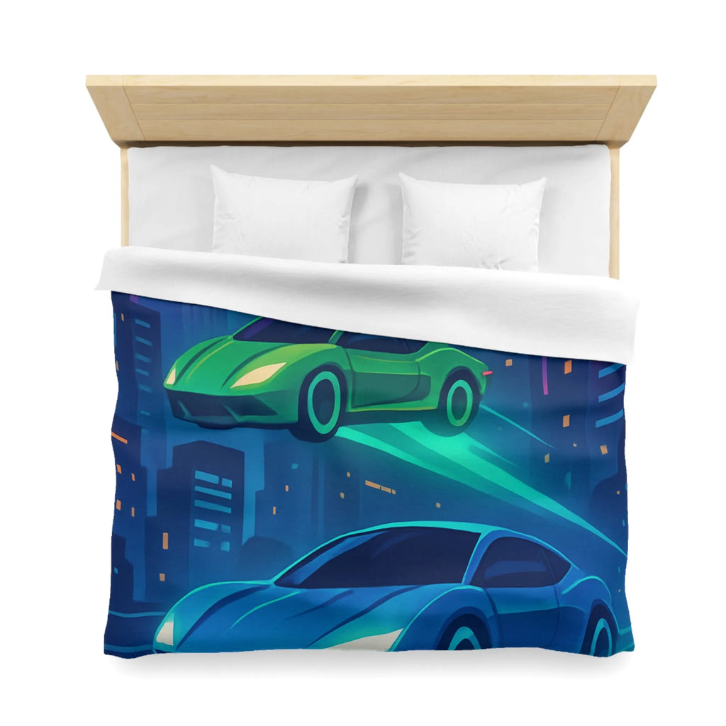 Découvrez des voitures futuristes illuminées flottant dans un ciel urbain nocturne vibrant