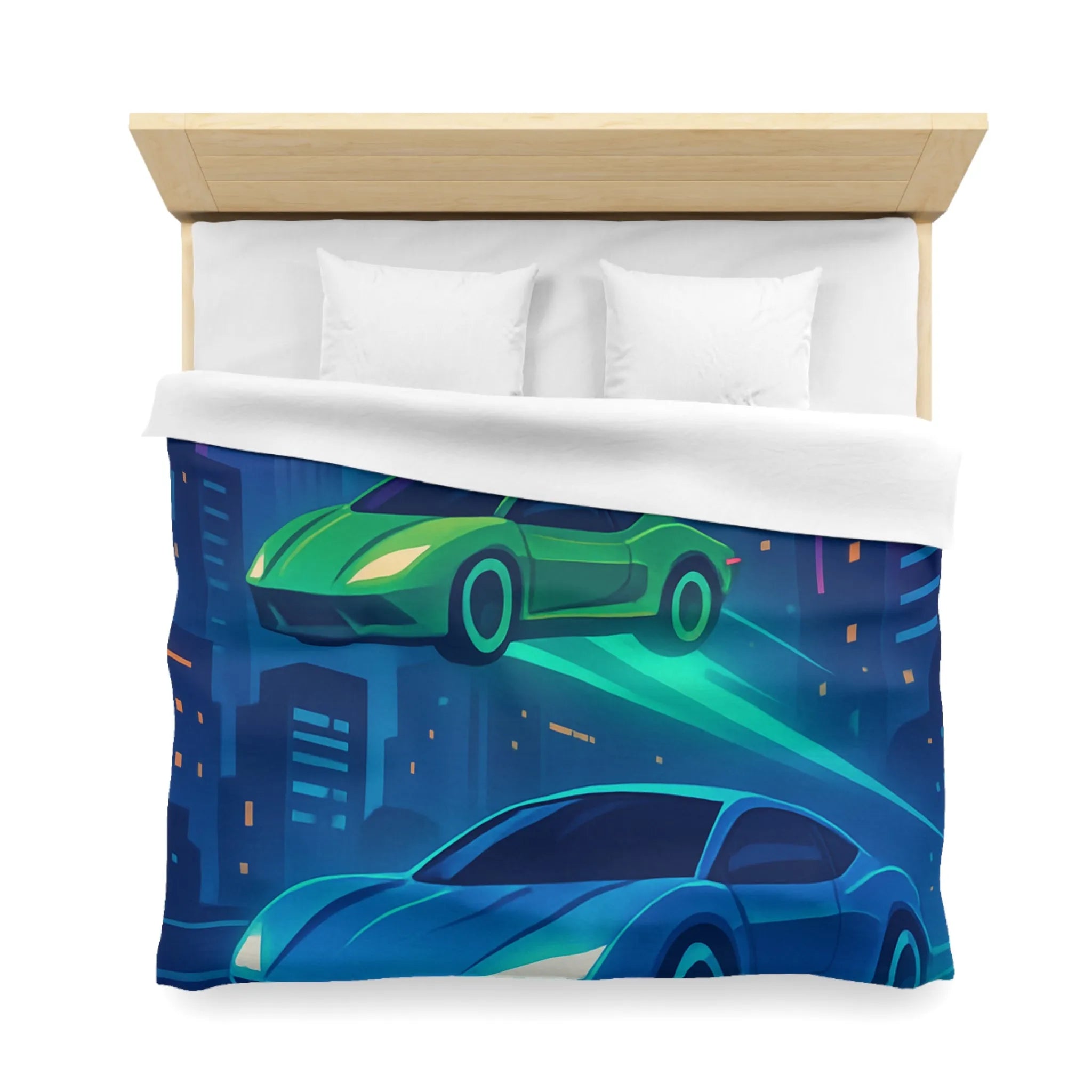 Découvrez des voitures futuristes illuminées flottant dans un ciel urbain nocturne vibrant