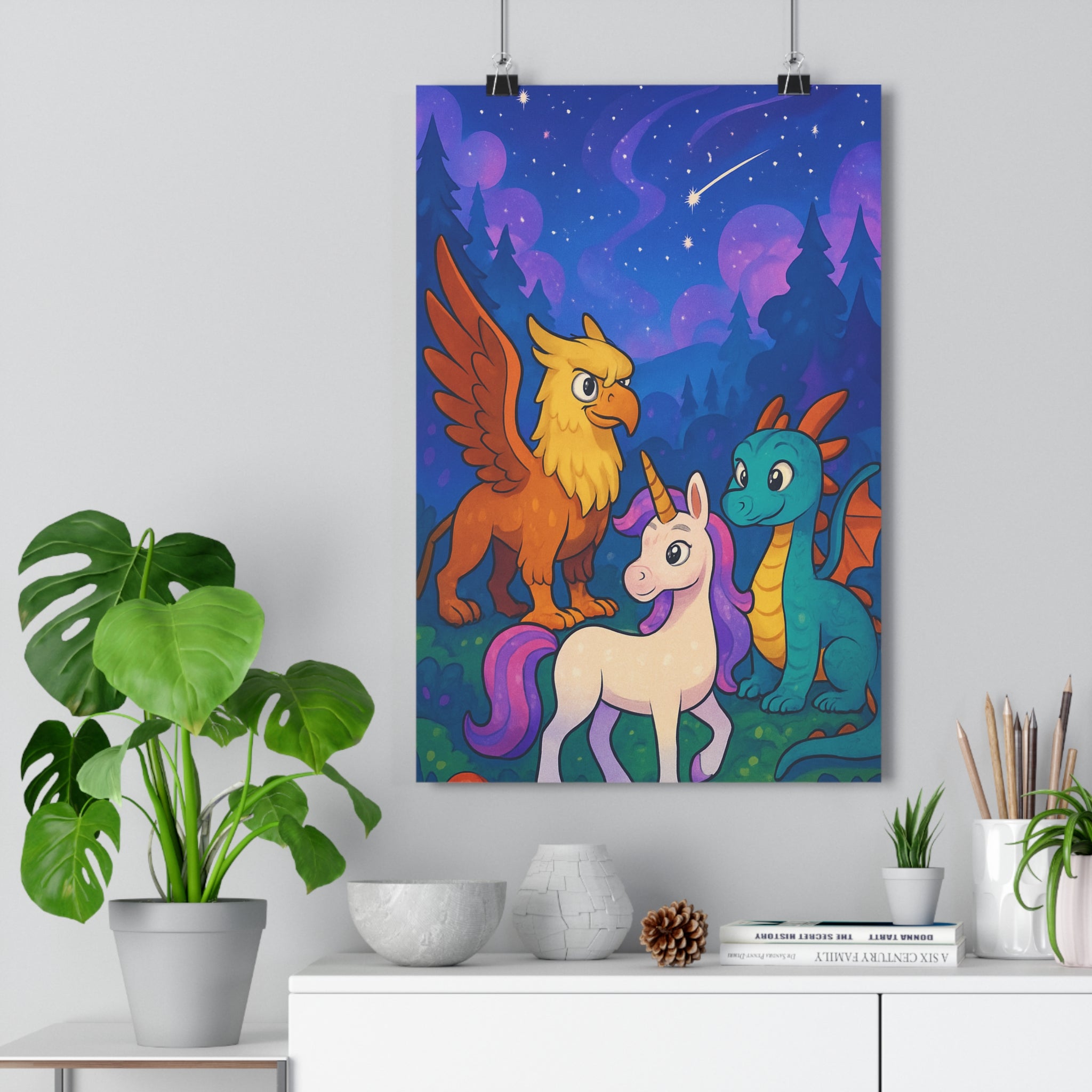 Poster décoratif magique griffon licorne dragon anime forêt féerique bleu violet orange enfant chambre