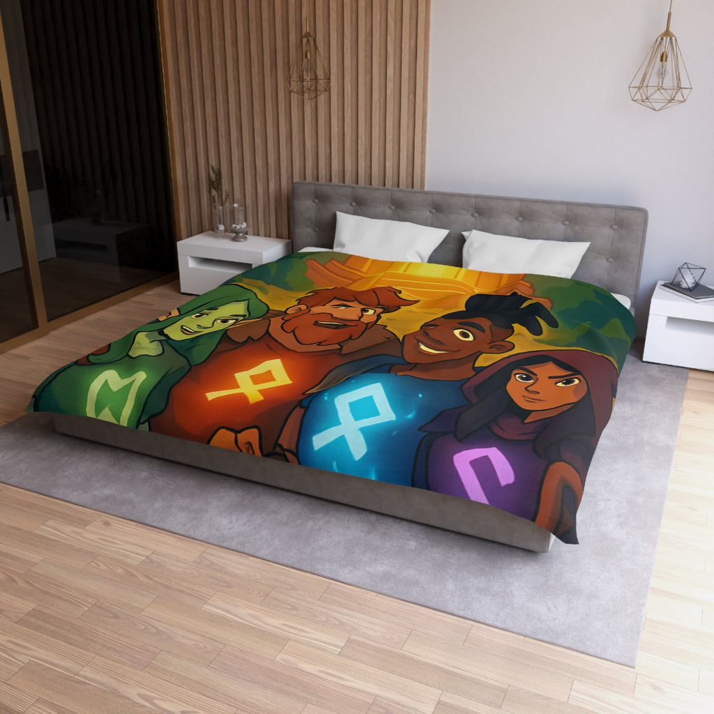 Housse de couette vibrant avec aventure illustrée de quatre héros devant un ancien temple