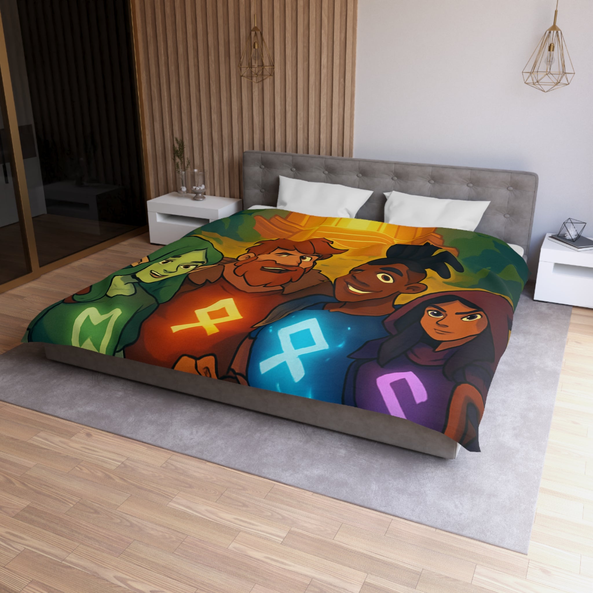 Housse de couette vibrant avec aventure illustrée de quatre héros devant un ancien temple