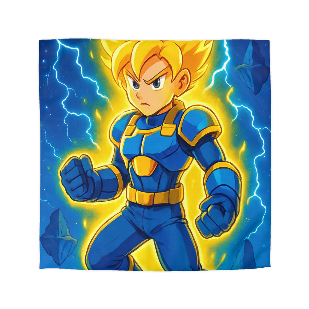 Housse de couette vibrante avec héros en armure bleue et rayons lumineux intenses