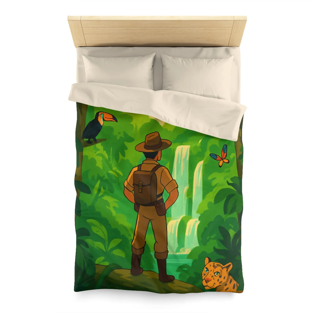 Housse de couette jungle exotique avec explorateur, toucan et paysages luxuriants