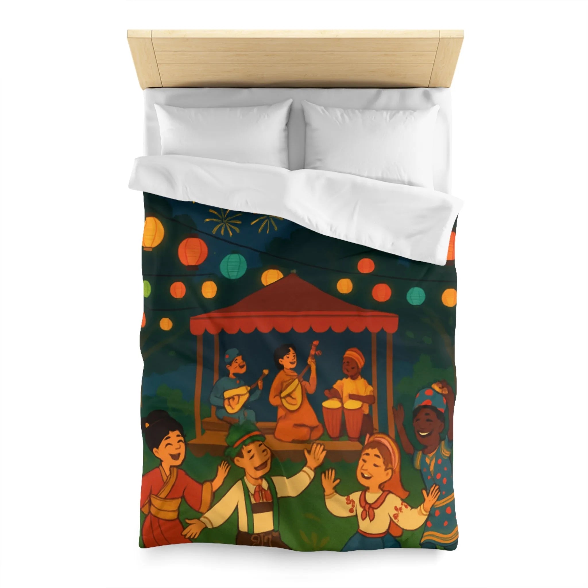 Housse de Couette Enfant Festive avec Lanternes Colorées et Scène de Musique en Plein Air