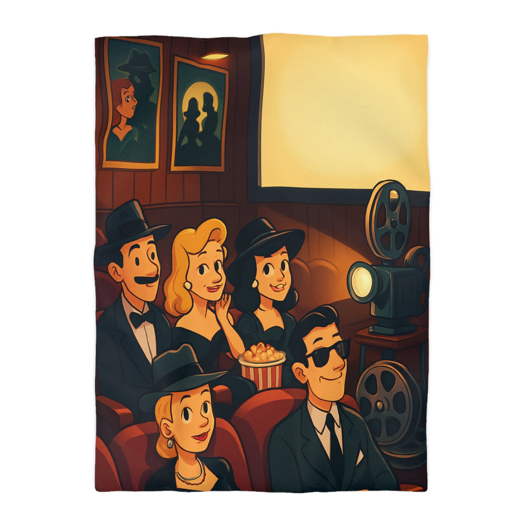 Housse de Couette Rétro Cinéma avec Scène de Spectateurs Élégants et Projecteur