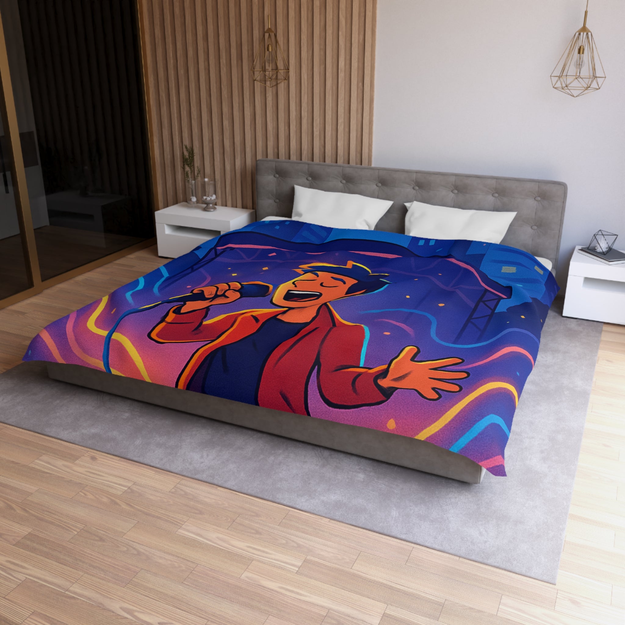 Housse de couette scène vibrante de concert nocturne avec chanteur et couleurs éclatantes