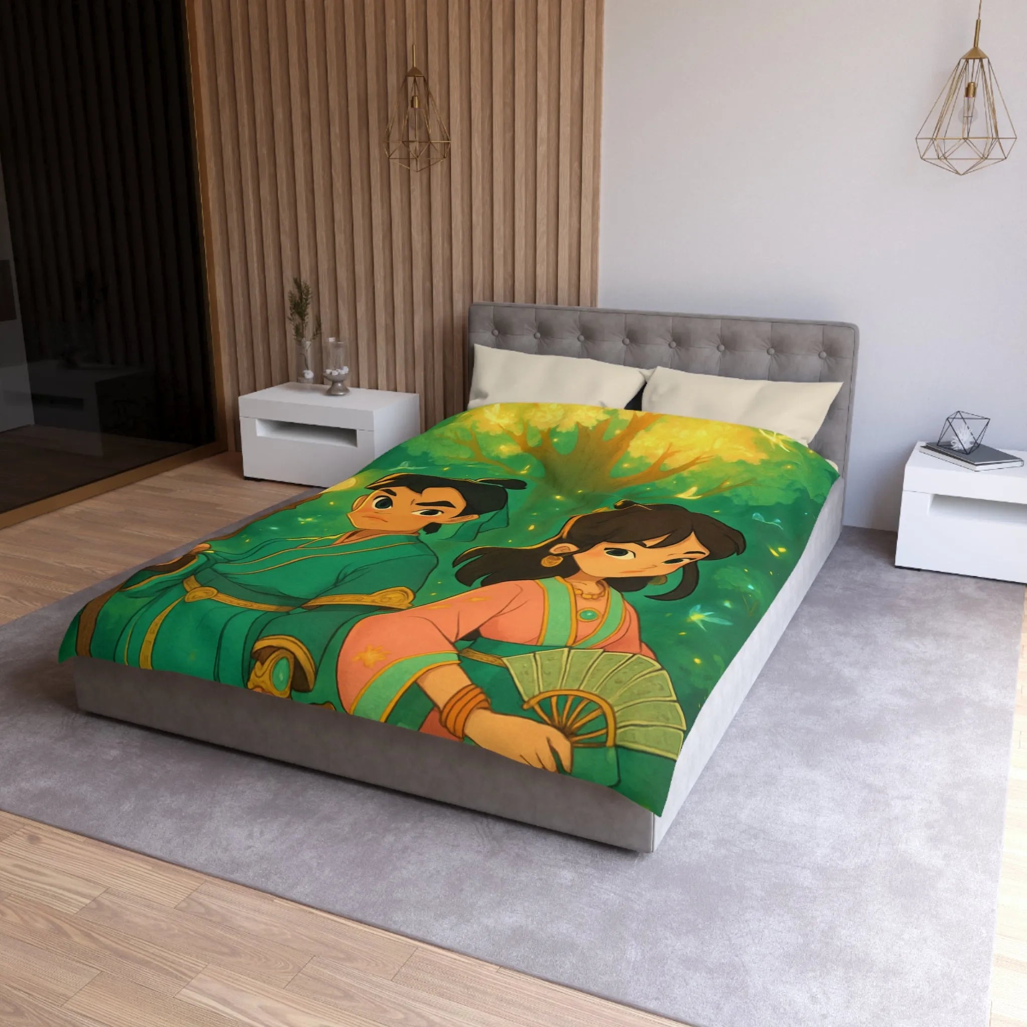 Housse de Couette Féérique Enfants avec Arbre Lumineux et Personnages Style Fantasy Coloré