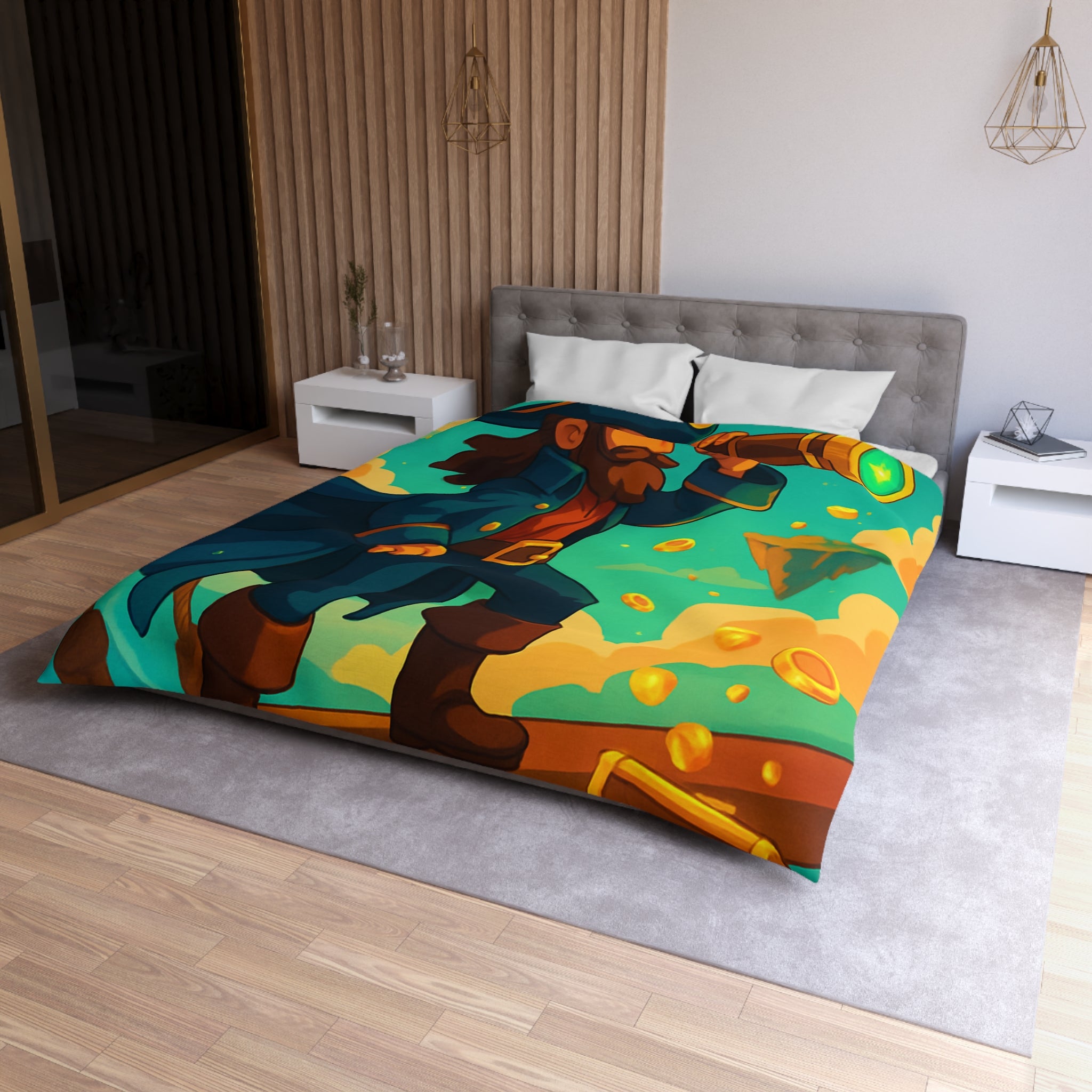 Housse de couette pirate vibrant bleu avec trésor doré et nuages flottants