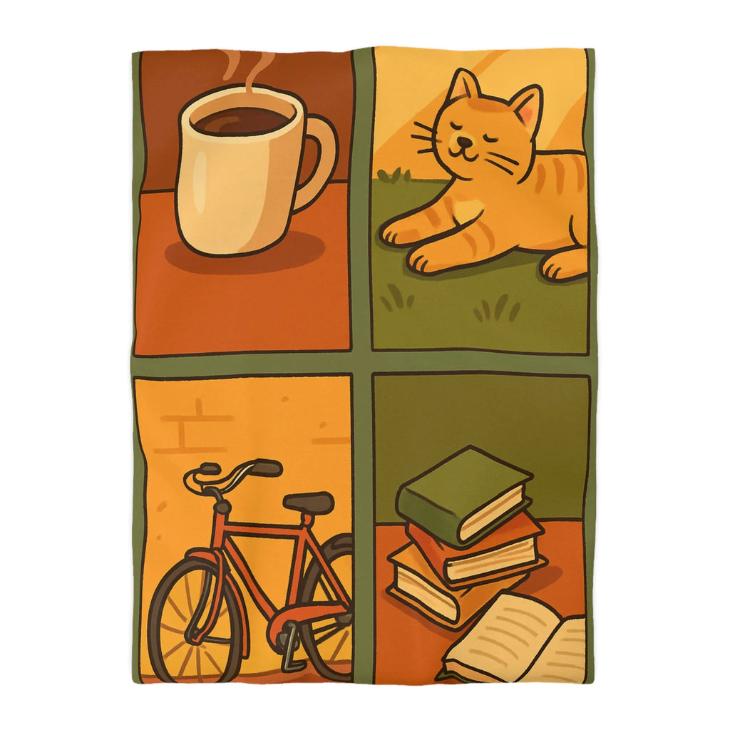 Housse de Couette Décontractée avec Chat Orange, Café, Vélo et Livres Colorés