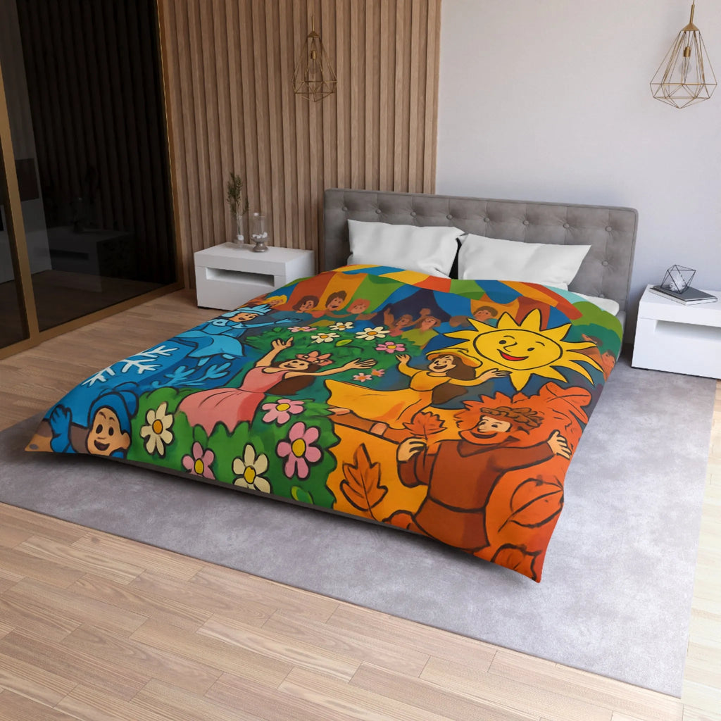 Housse de couette colorée illustrant les saisons pour chambre d'enfant joyeuse et ludique