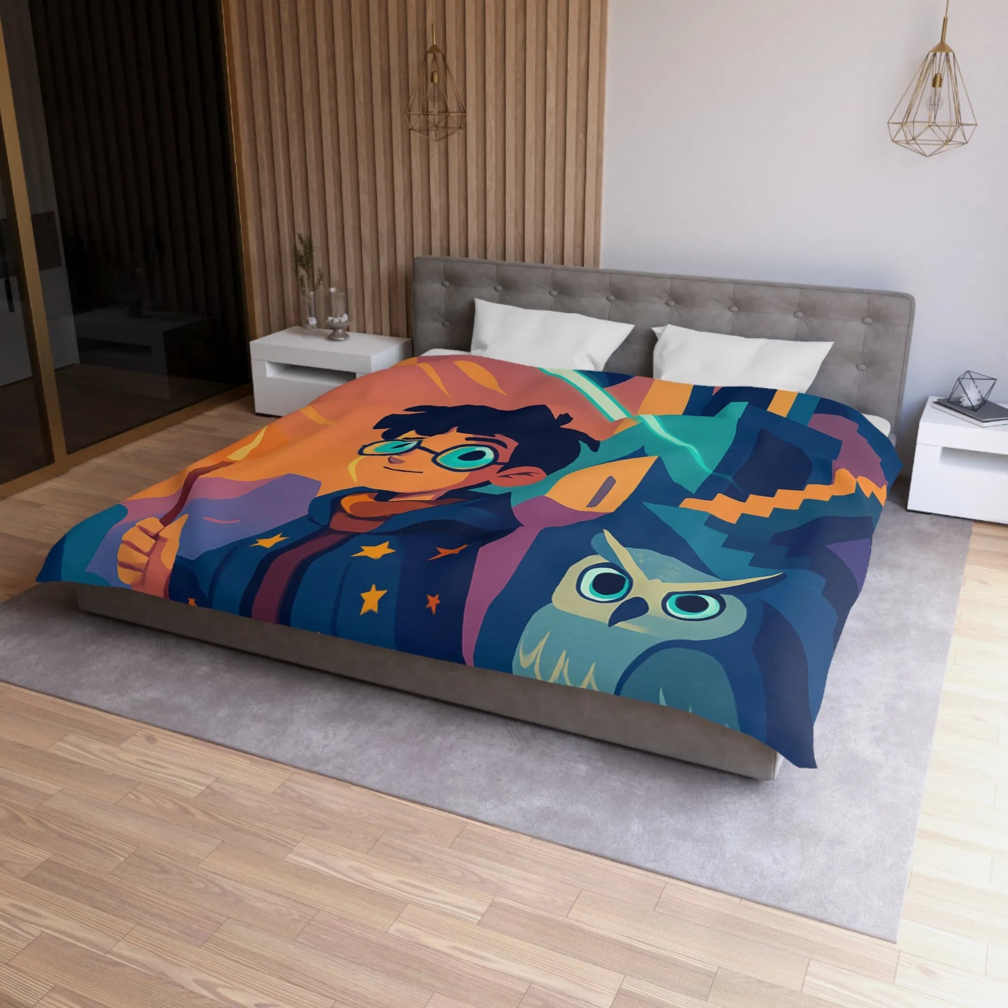 Housse de couette magique avec motif de garçon sorcier et hibou lumineux