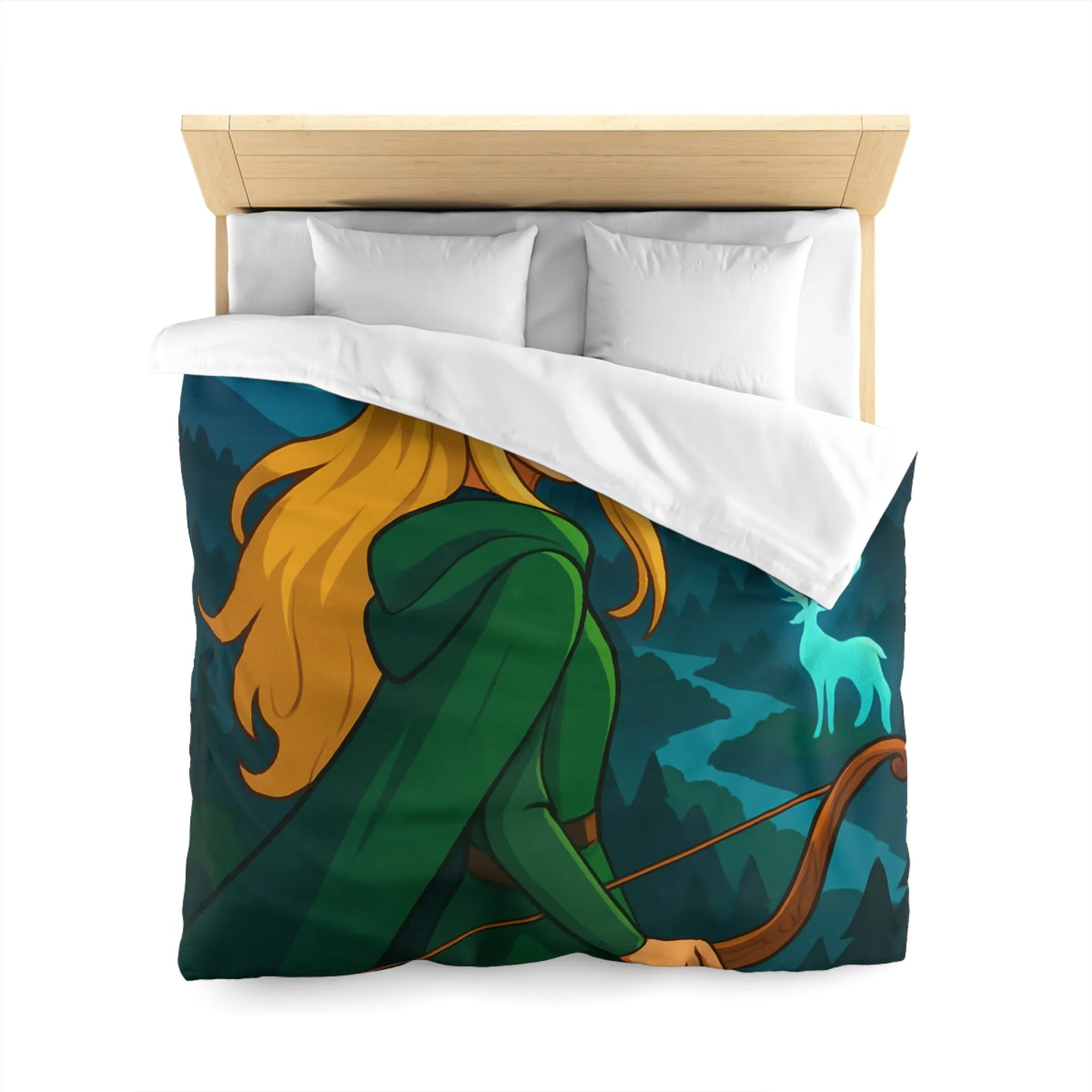 Housse de couette avec elfe archère, cerf lumineux, forêt montagneuse et ciel étoilé