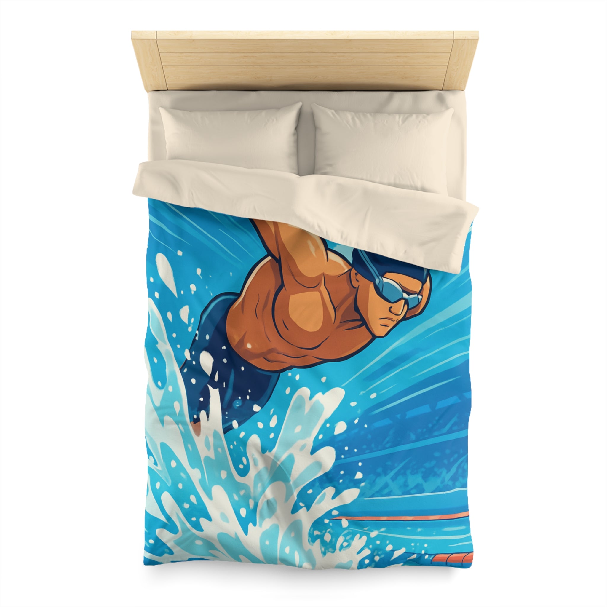 Housse de Couette Représentant Plongeur Dynamique dans Eau Bleutée avec Éclaboussures Énergiques