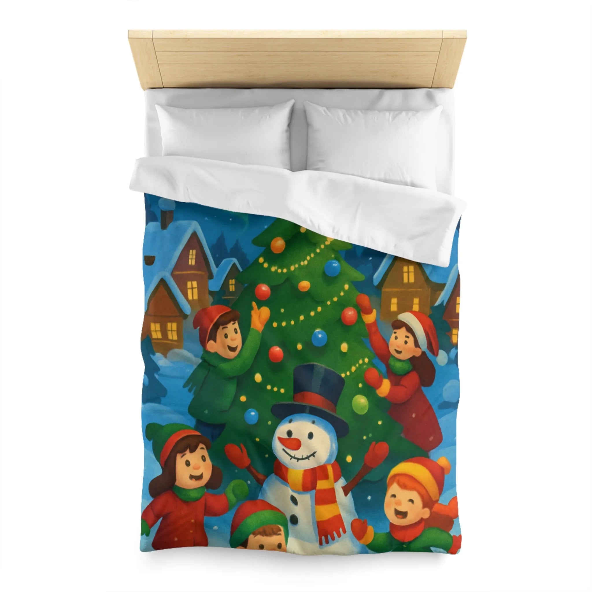 Housse de couette enfants scène festive avec bonhomme de neige et aurore boréale lumineuse