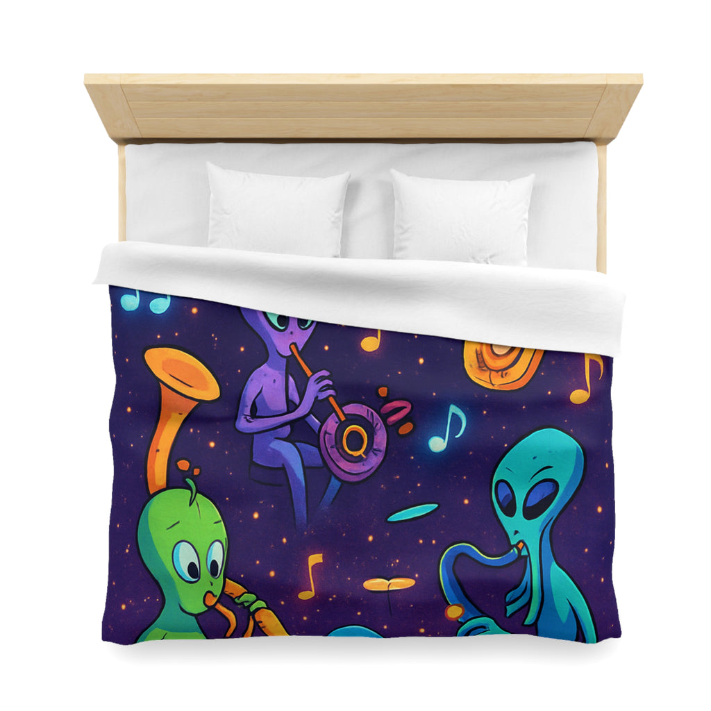 Housse de Couette Motif Aliens Musiciens Colorés Enchantant L'univers Spatial Fantastique
