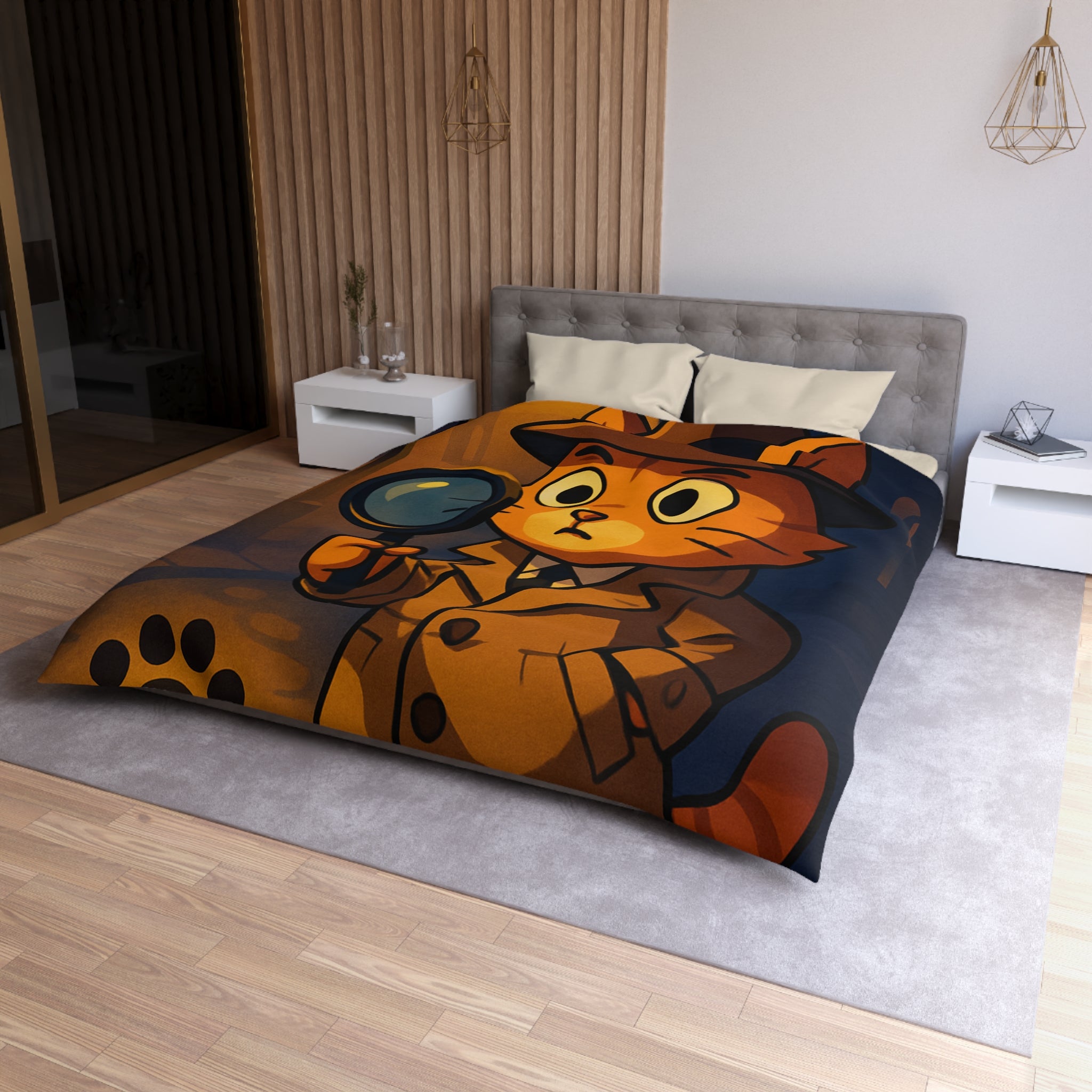 Housse de couette motif chat détective illustré avec lampe et empreinte mystérieuse