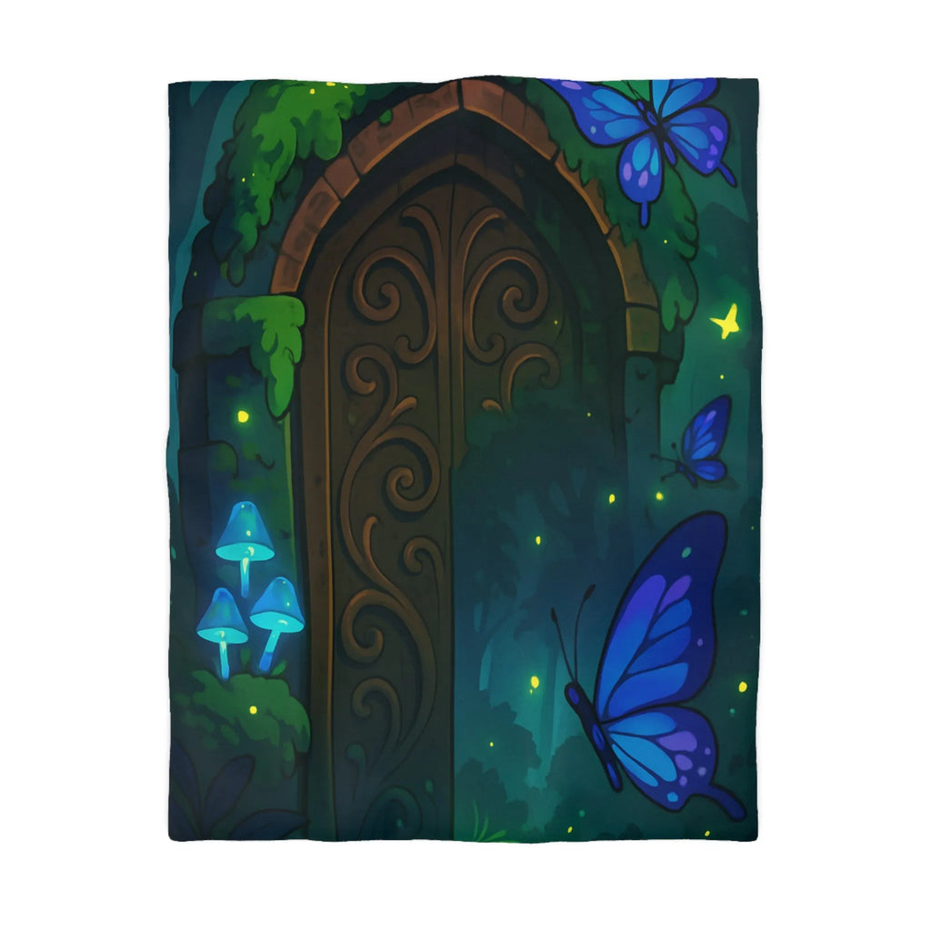 Housse de couette magique bleu papillons et porte en bois mystérieuse forêt enchantée