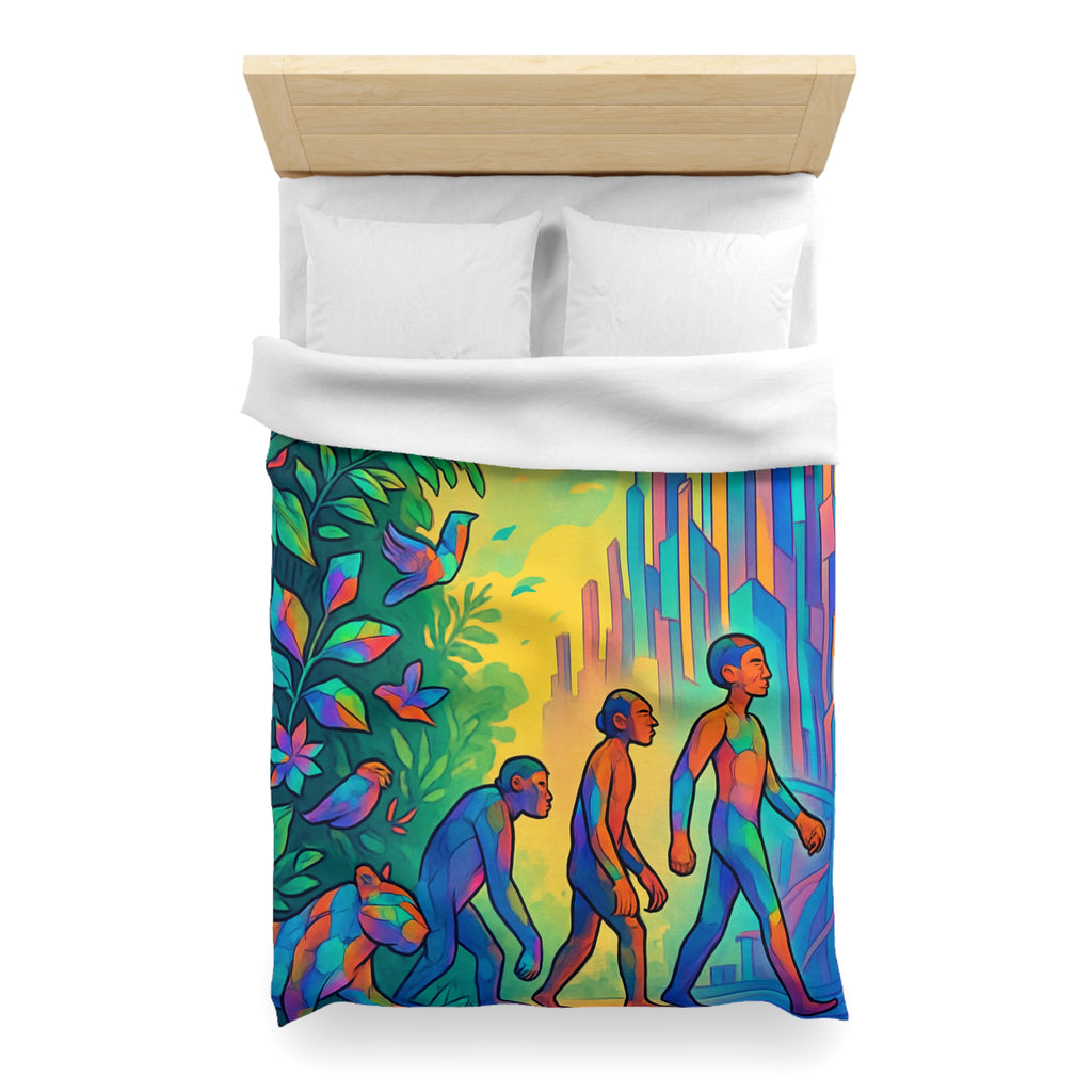 Housse de couette vibrante d'évolution humaine sur fond de jungle et de gratte-ciel