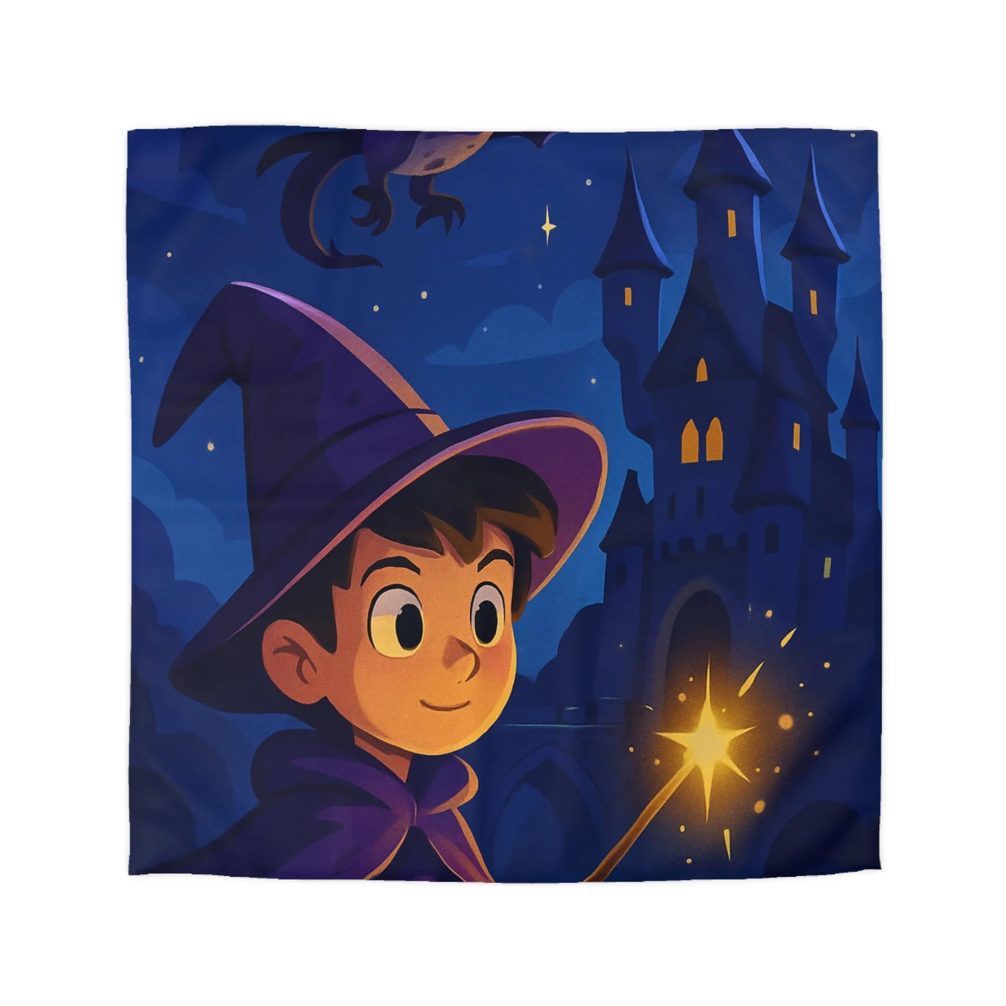 Housse de couette magique pour enfant avec jeune sorcier et château enchanté
