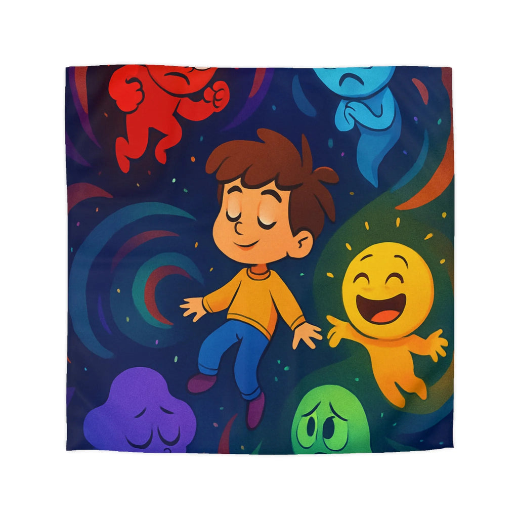 Housse de couette colorée avec personnages émotionnels flottants pour chambre d'enfant joyeuse