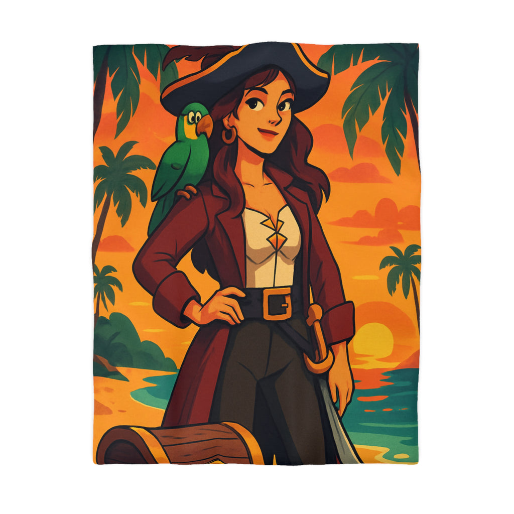 Housse de couette pirate colorée avec perroquet et coffre au trésor tropical