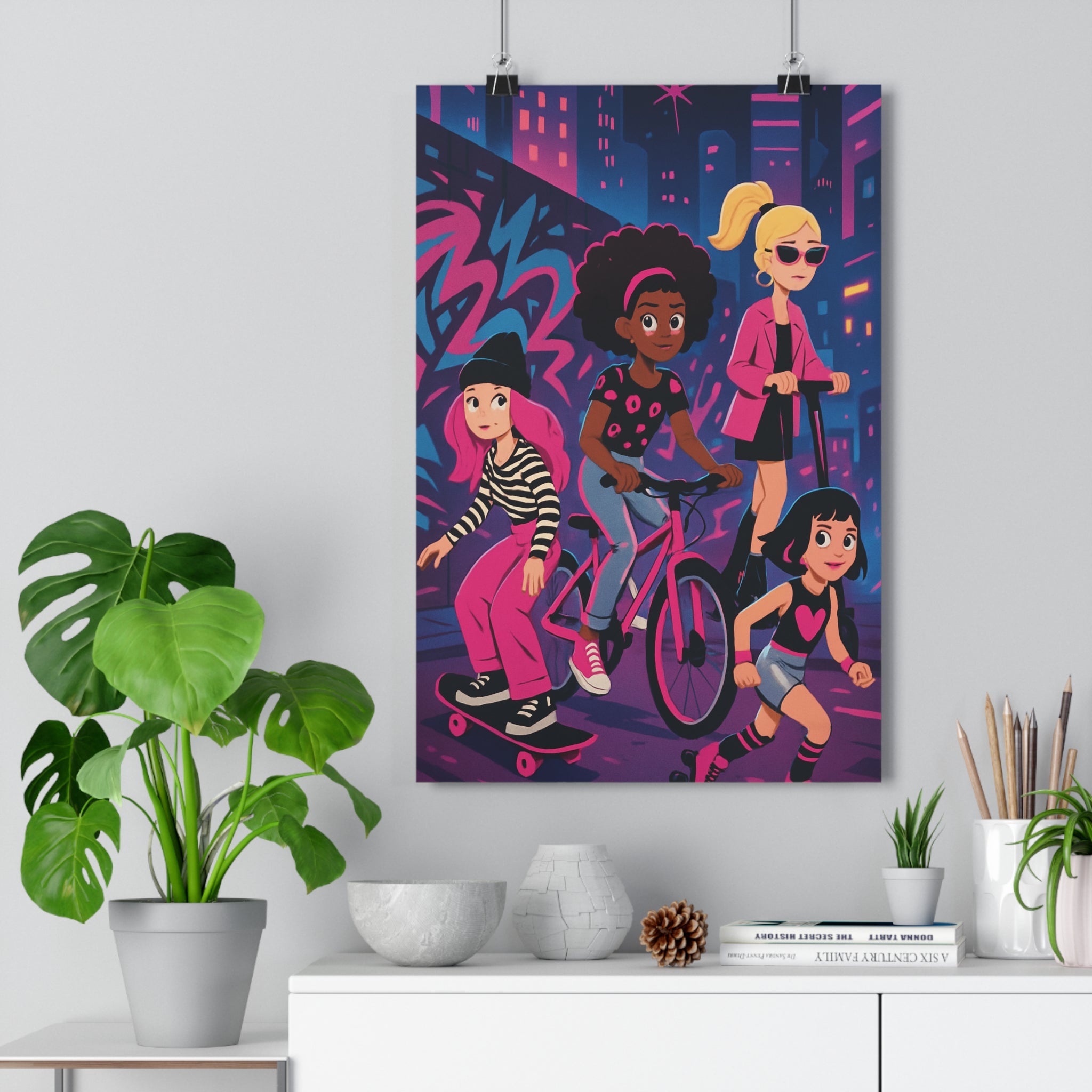 Poster décoratif moderne dessin animé urbain rose violet bleu fille dynamique chambre vibrant qualité