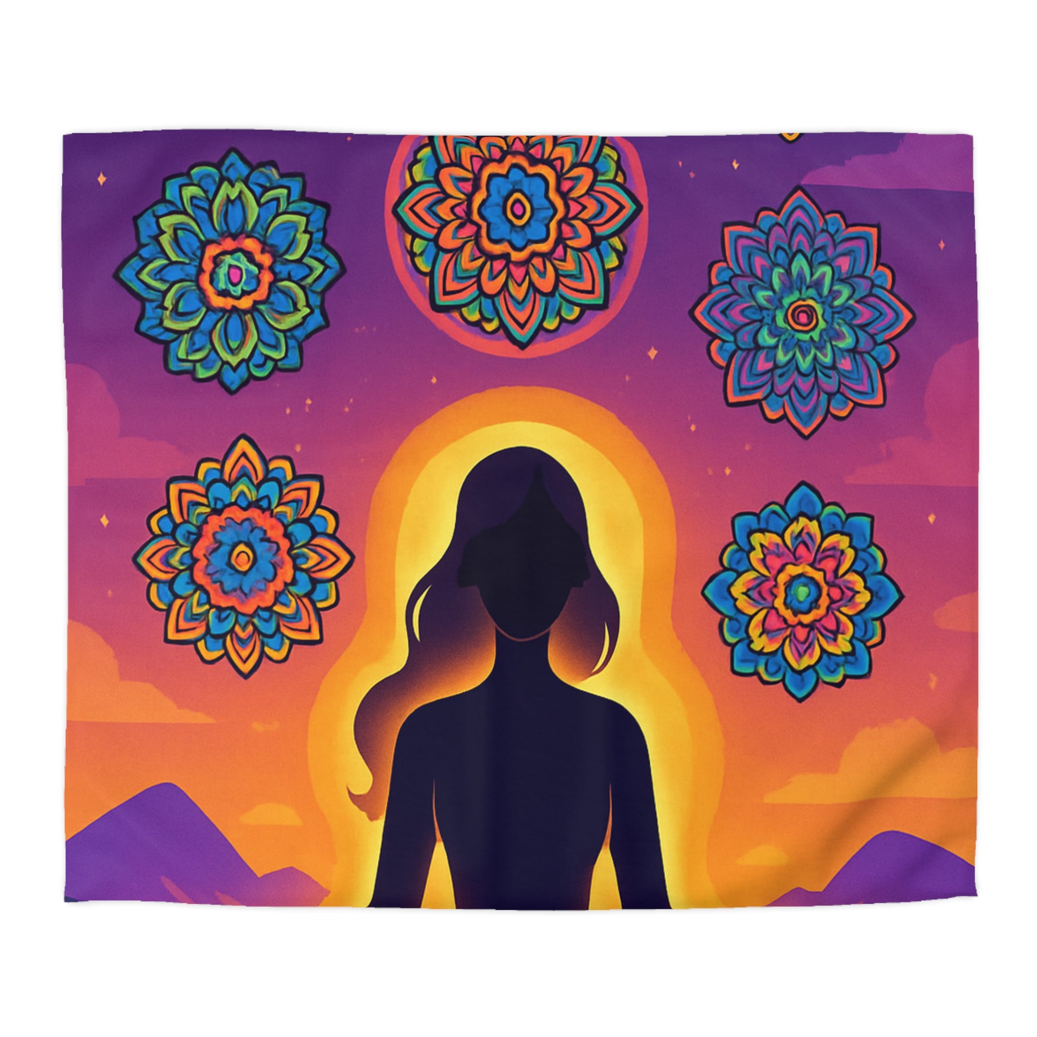 Paisible méditation silhouettée avec mandalas colorés et paysage crépusculaire serein et enchanteur