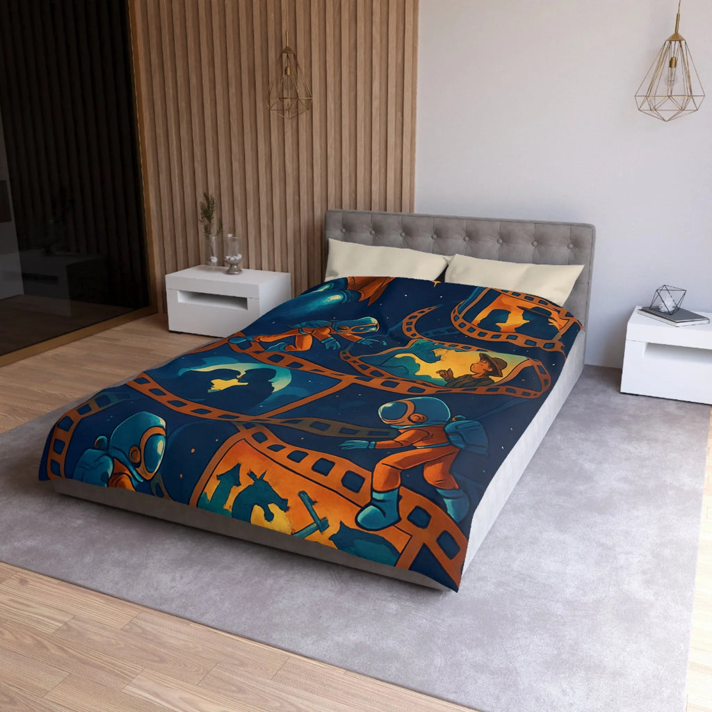Housse de couette cosmos rêveur avec astronautes et séquences cinématographiques vintage