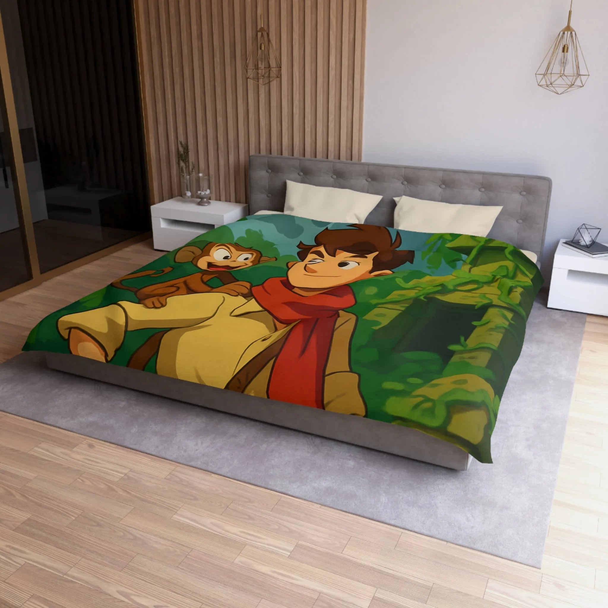 Housse de couette jungle aventure avec singe, avion biplan et ruines mystérieuses