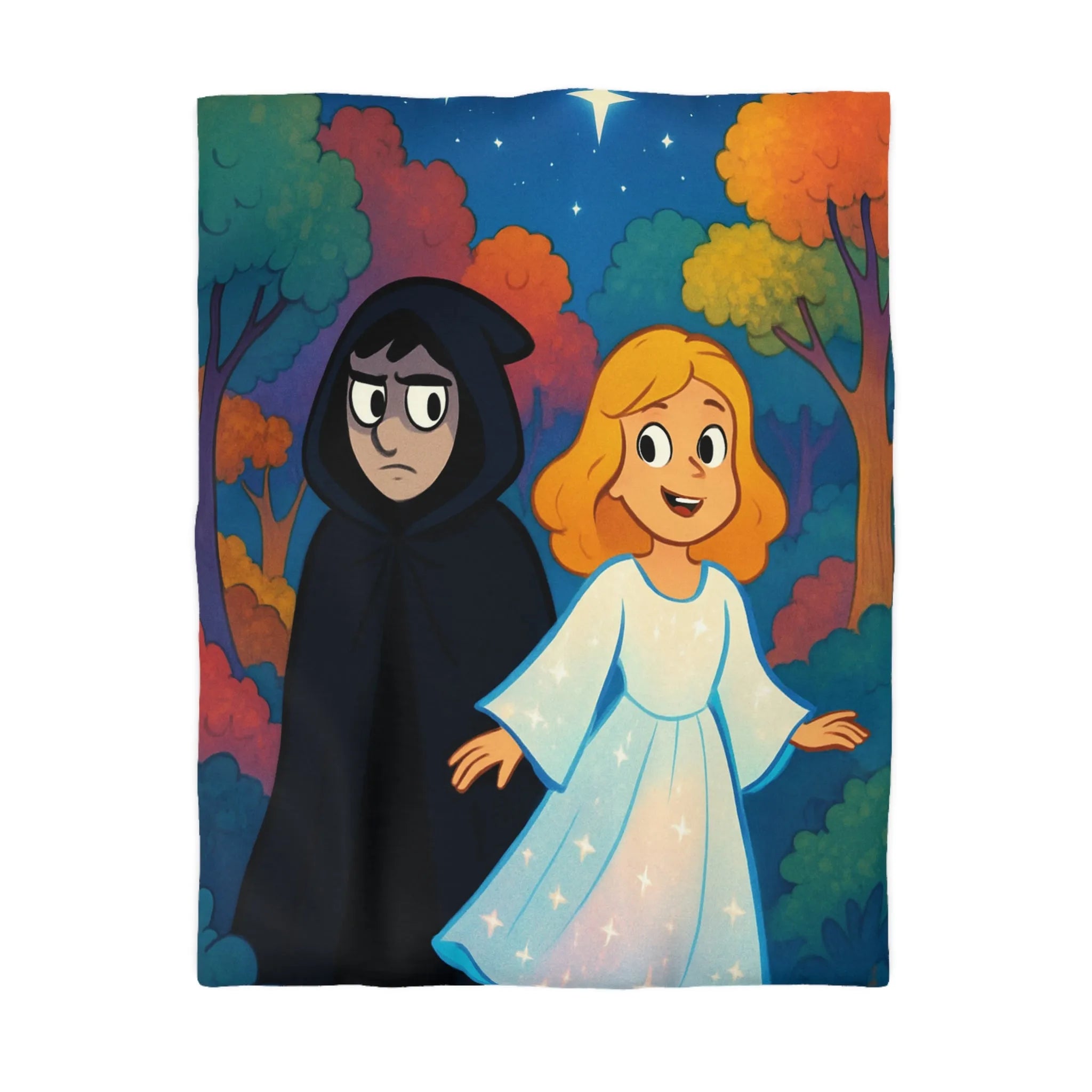 Housse de Couette Enchantée Forêt et Étoiles Enfantines avec Personnages Mystérieux