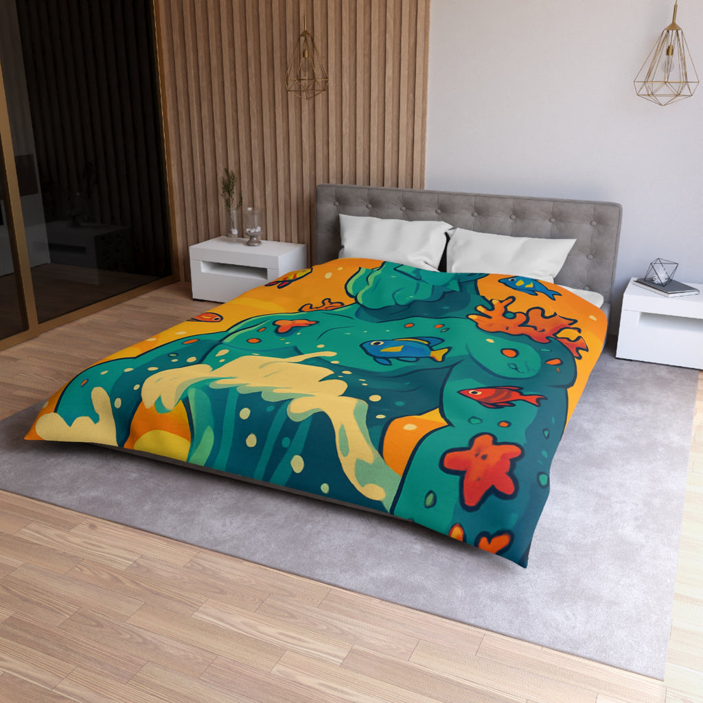 Housse de Couette Océanique avec Illustration Vibrante de Neptune et Poissons Multicolores