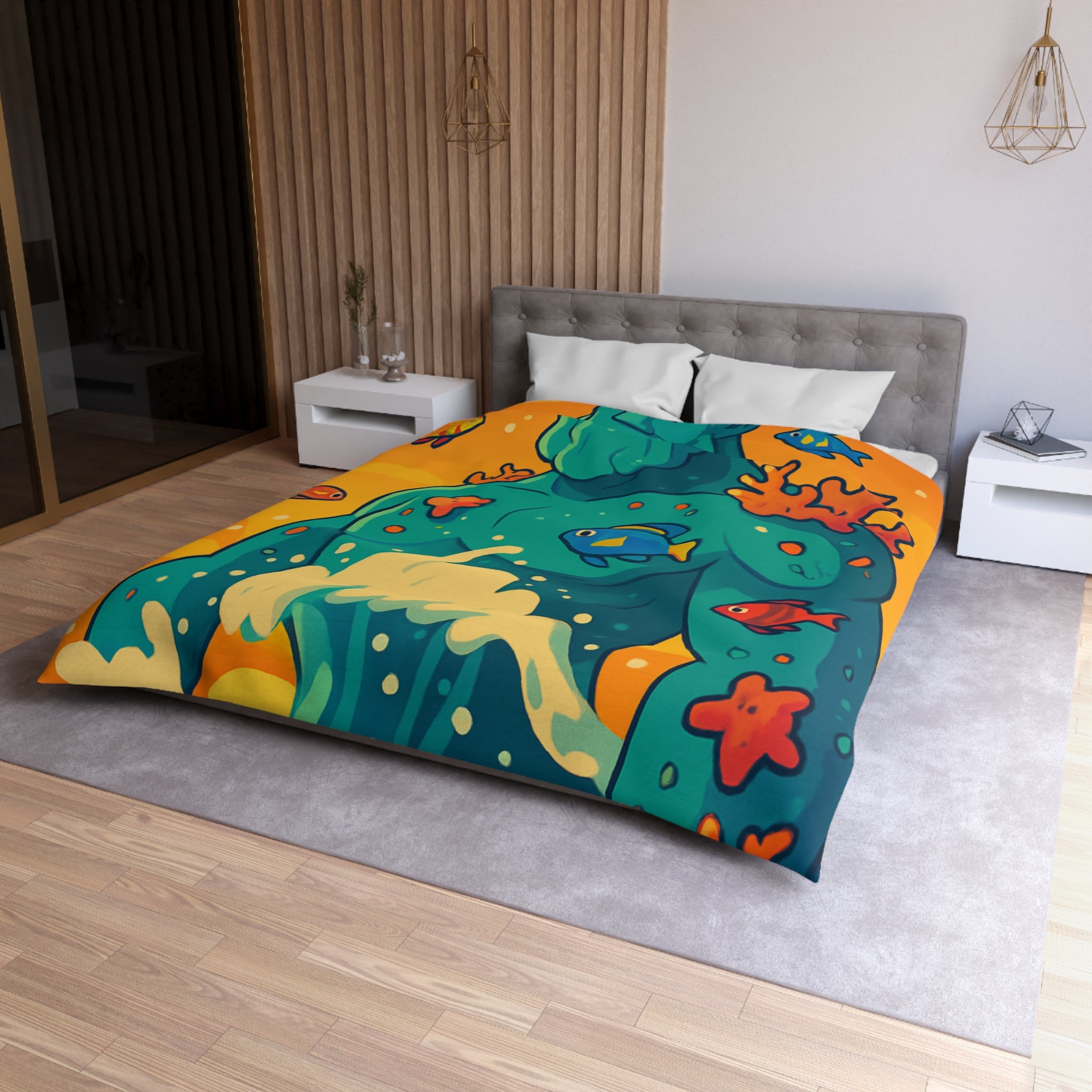 Housse de Couette Océanique avec Illustration Vibrante de Neptune et Poissons Multicolores