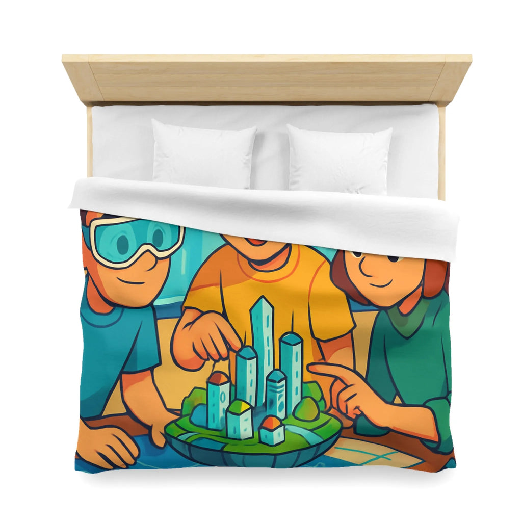 Housse de couette avec design futuriste ludique, enfants explorant une ville miniature colorée
