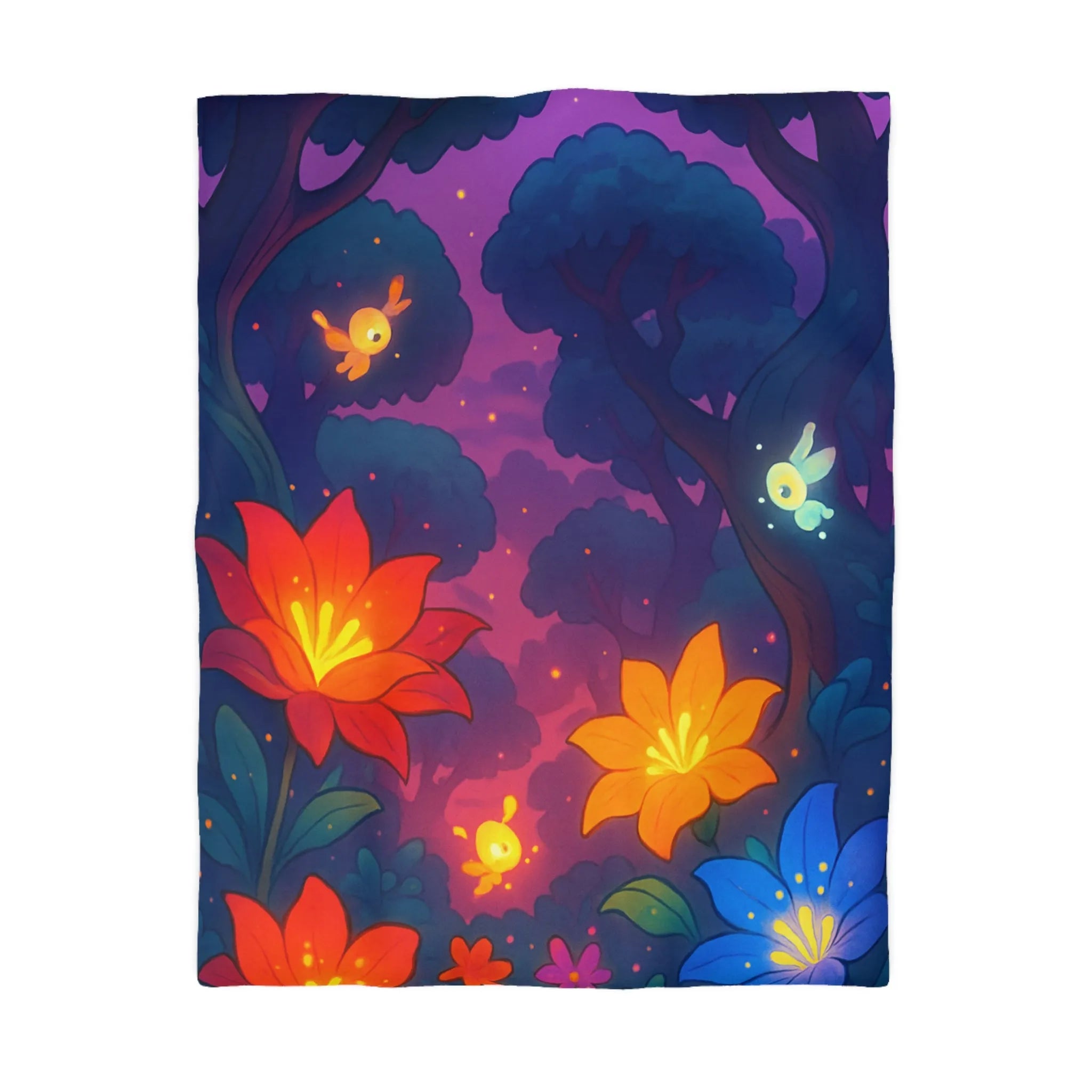 Housse de Couette avec Fleurs Lumineuses et Paysage Enchanté de Forêt Magique Nocturne