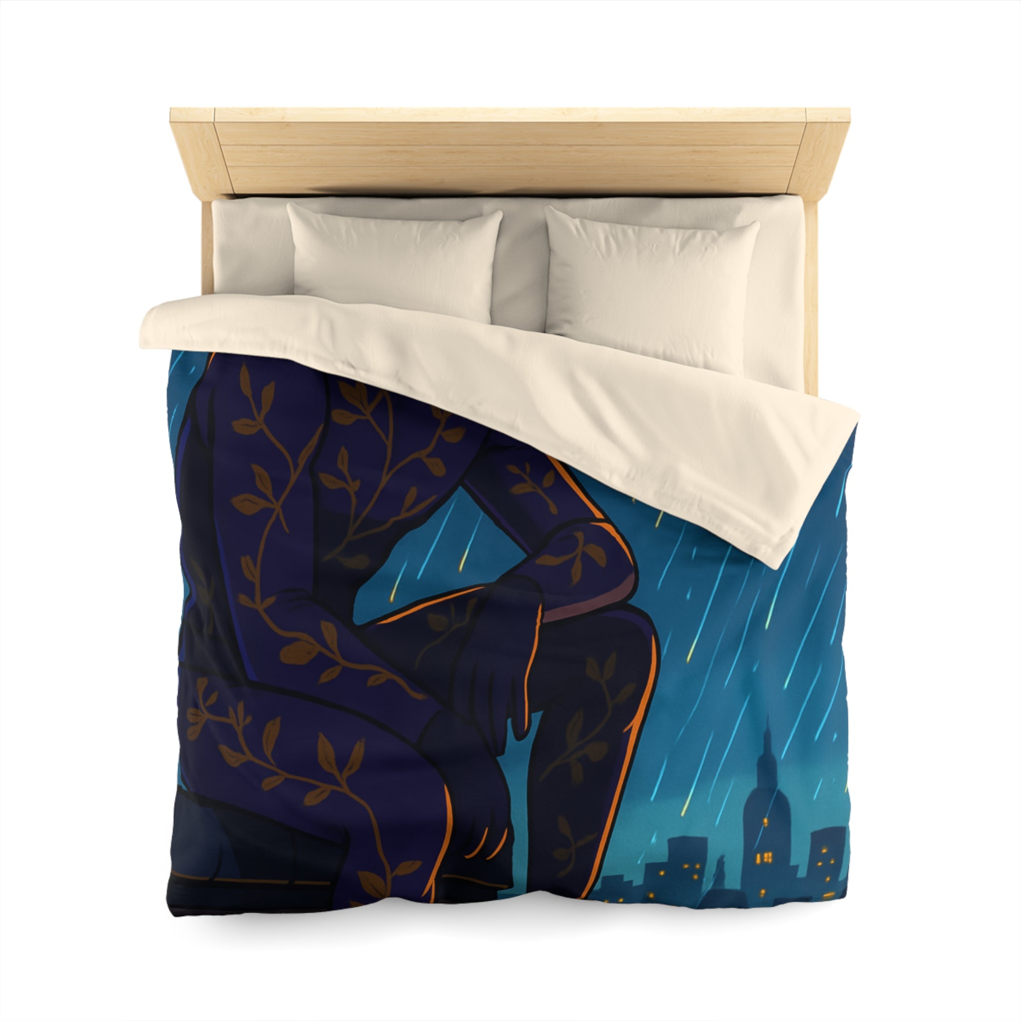 Housse de couette violette avec super-héros mystérieux sous la pluie nocturne colorée