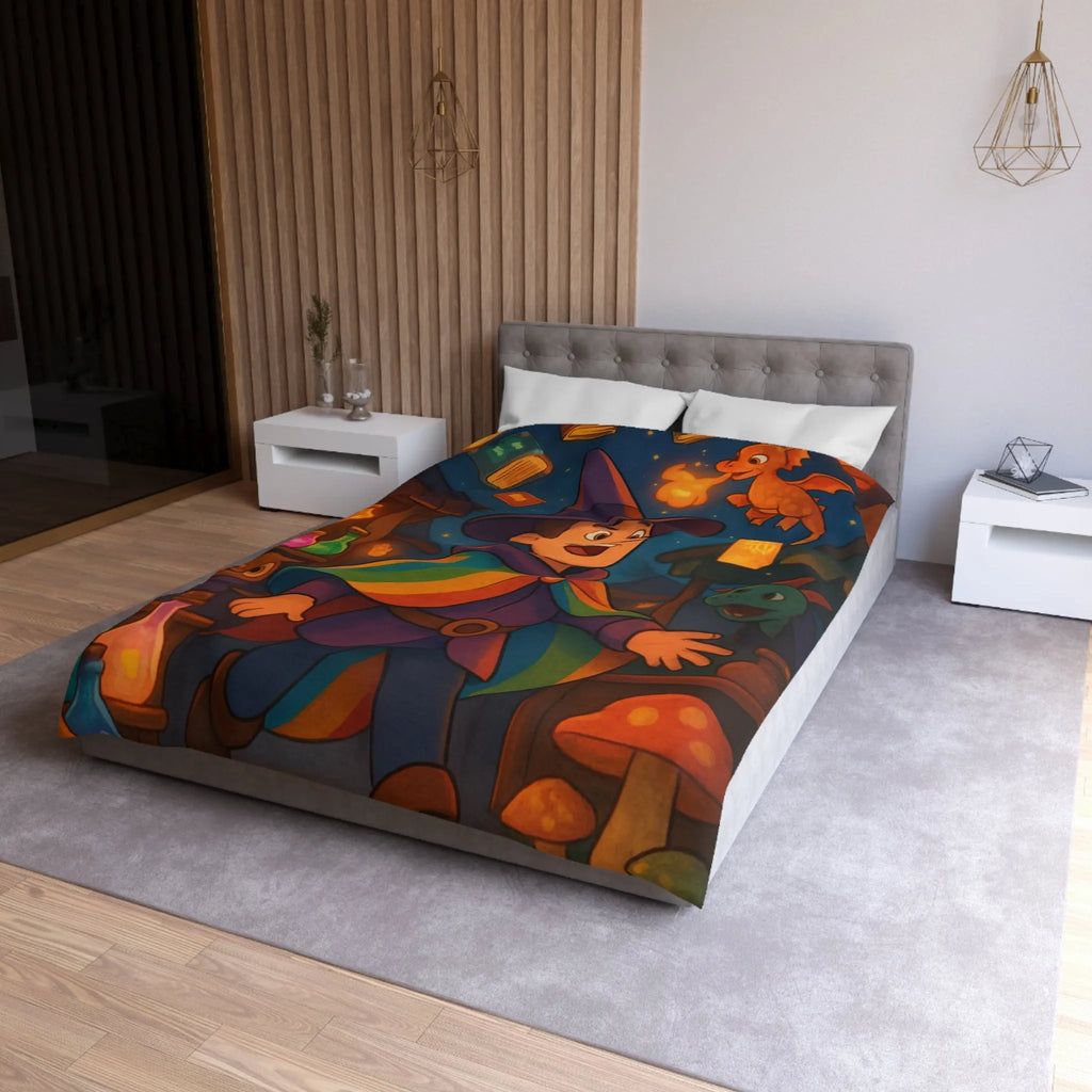 Housse de couette magique avec envoûtant motif de sorcier, dragon et livres enchantés