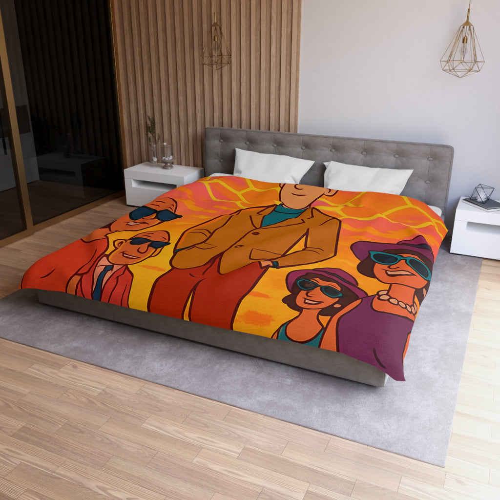 Motifs colorés hexagonaux vibrant avec personnages stylisés dans un paysage ensoleillé unique