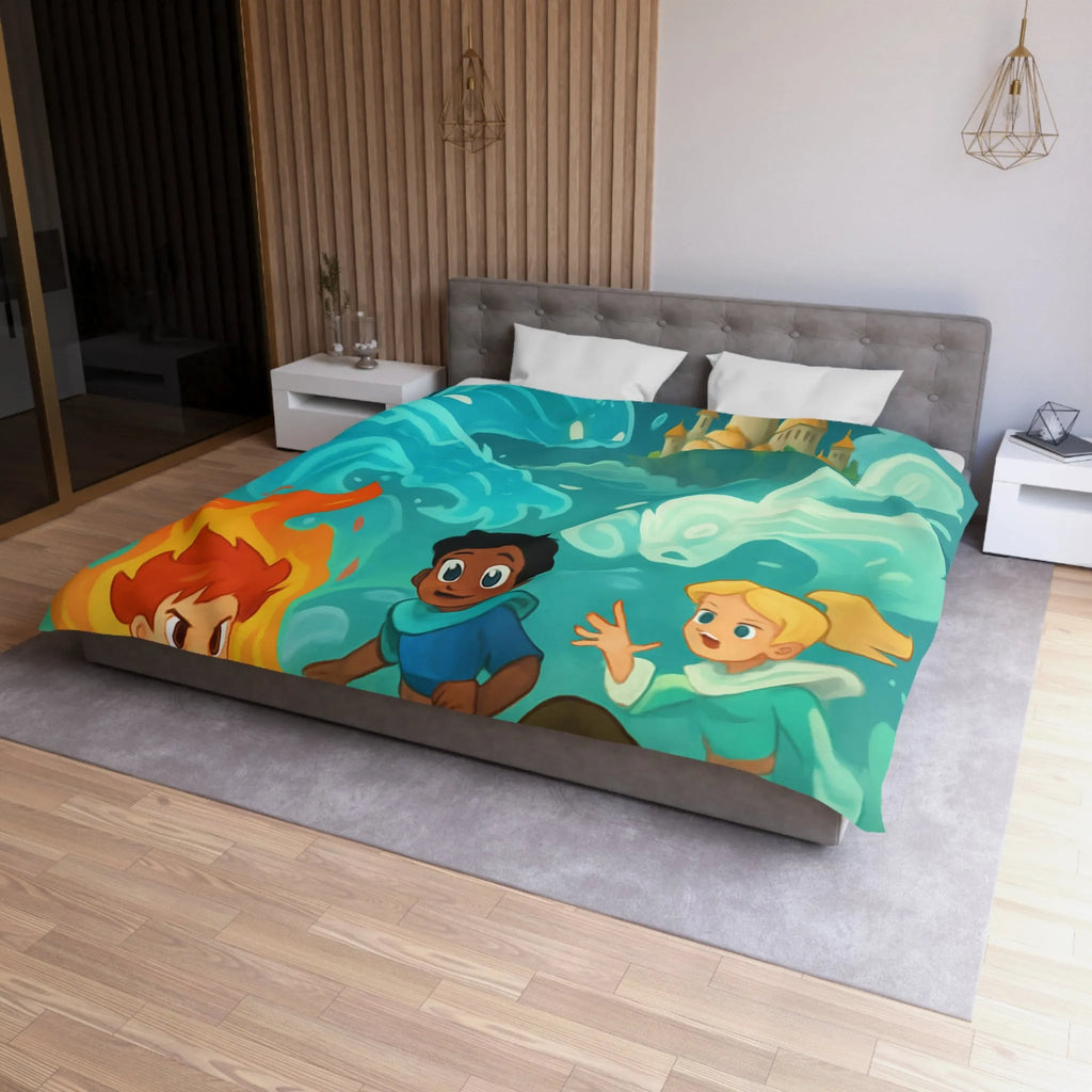 Housse de couette avec illustration de jeunes héros des éléments devant un château magique