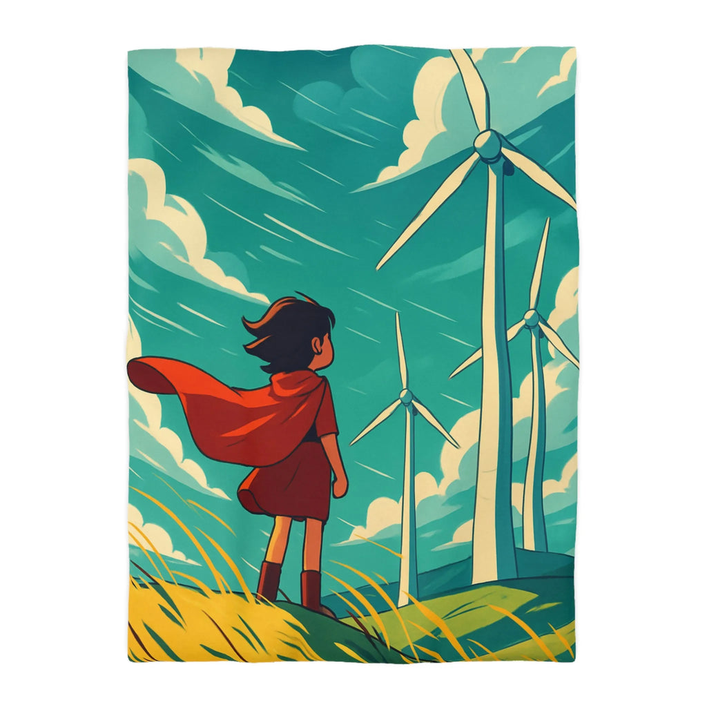 Housse de Couette Enfant avec Éoliennes et Paysage Venté Rouge et Bleu