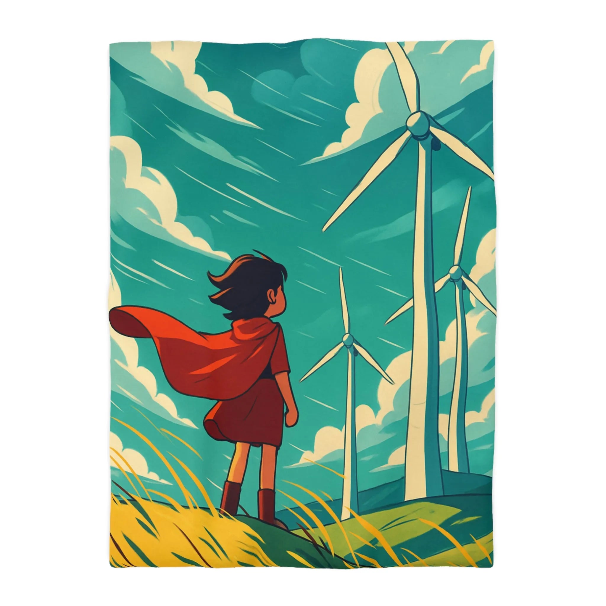 Housse de Couette Enfant avec Éoliennes et Paysage Venté Rouge et Bleu