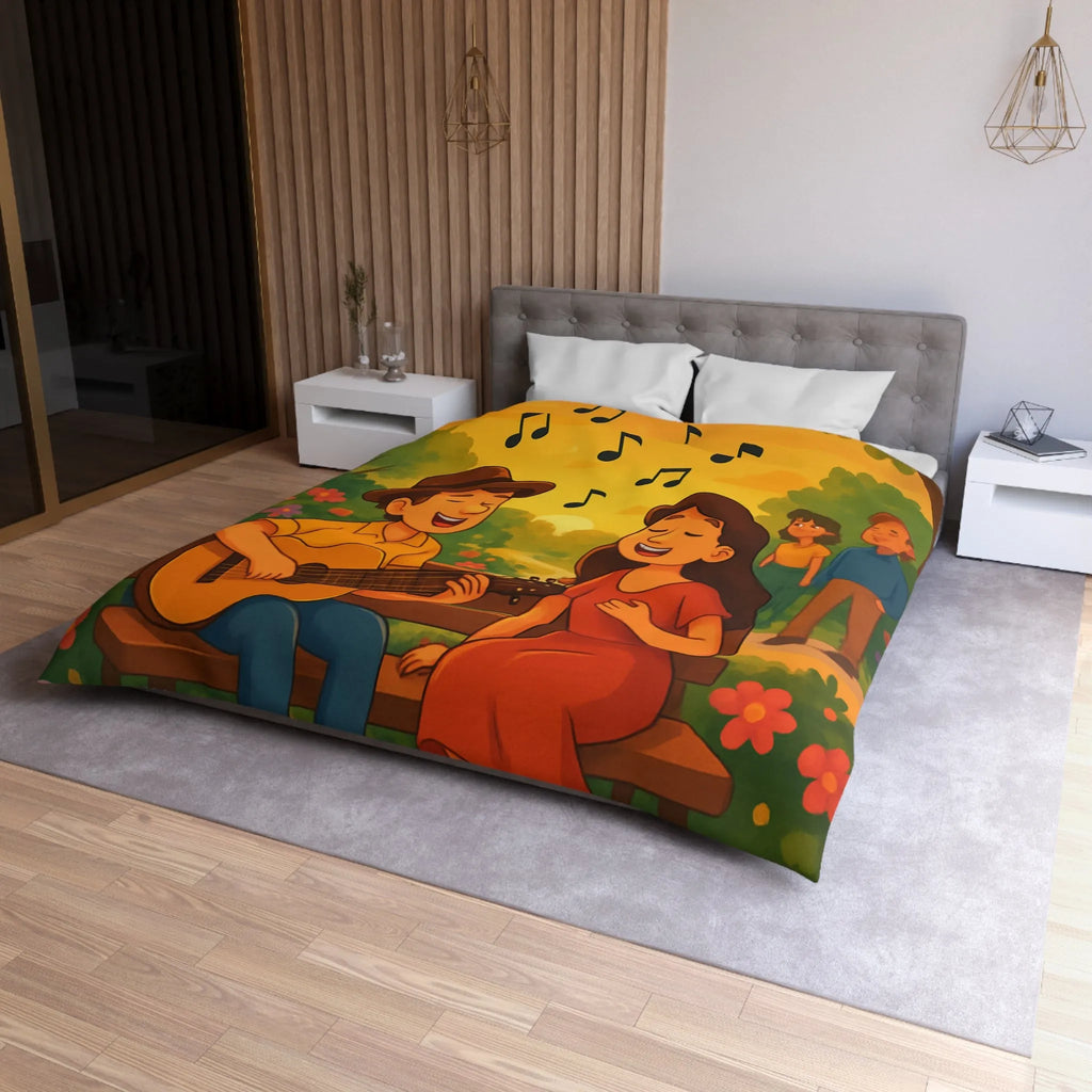 Housse de couette idéale avec illustration douce de couple romantique et coucher de soleil
