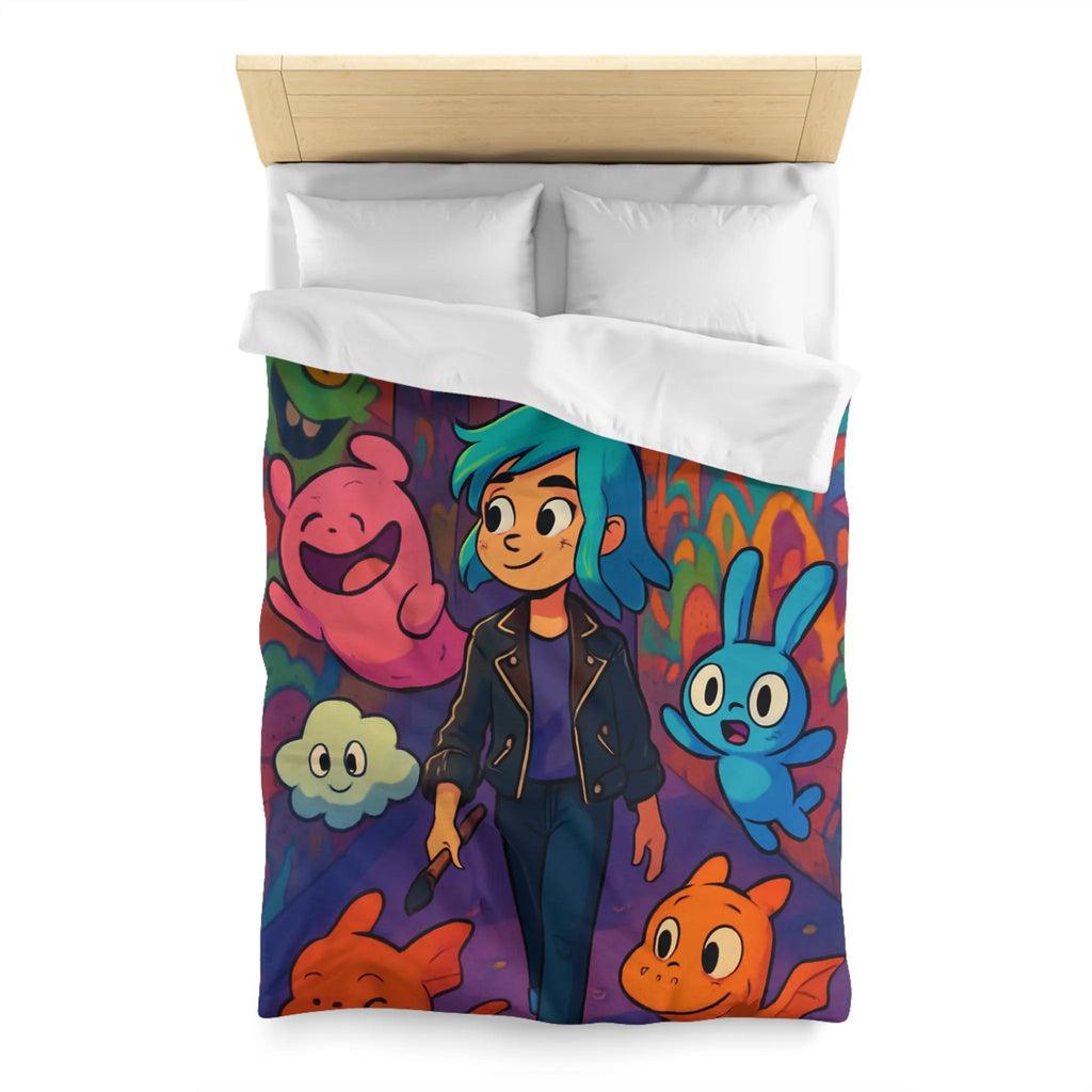 Housse de couette colorée avec personnages fantasy dans une ruelle urbaine magique