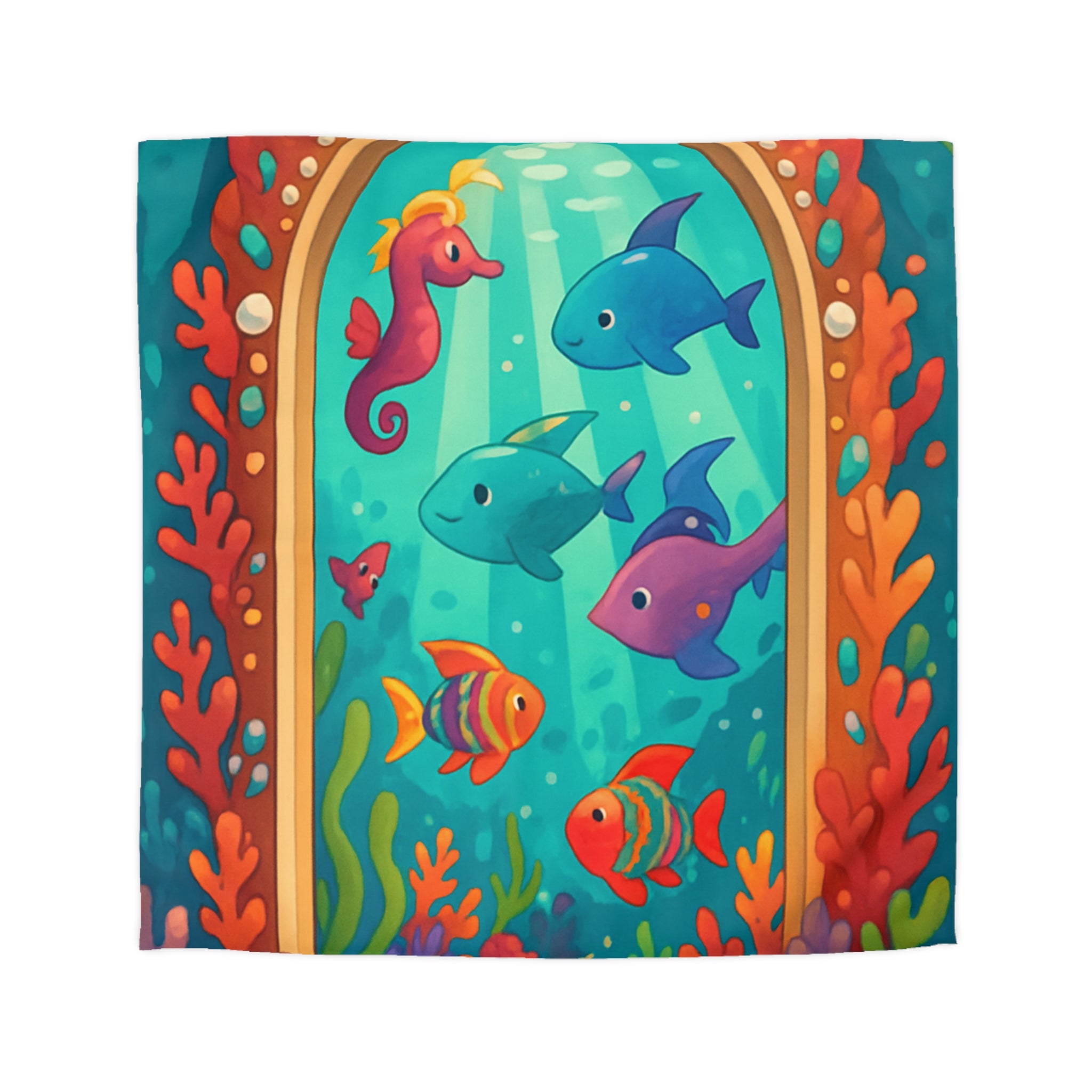 Housse de Couette Océanique avec Poissons Colorés, Coraux et Hippocampe Fantaisie Enchantés