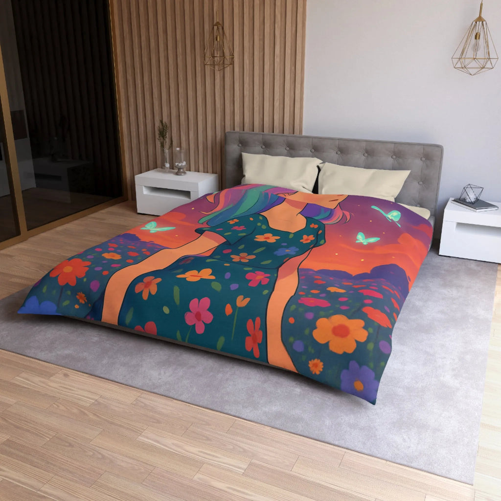 Housse de couette artistique avec fille et papillons dans champ fleuri vibrant
