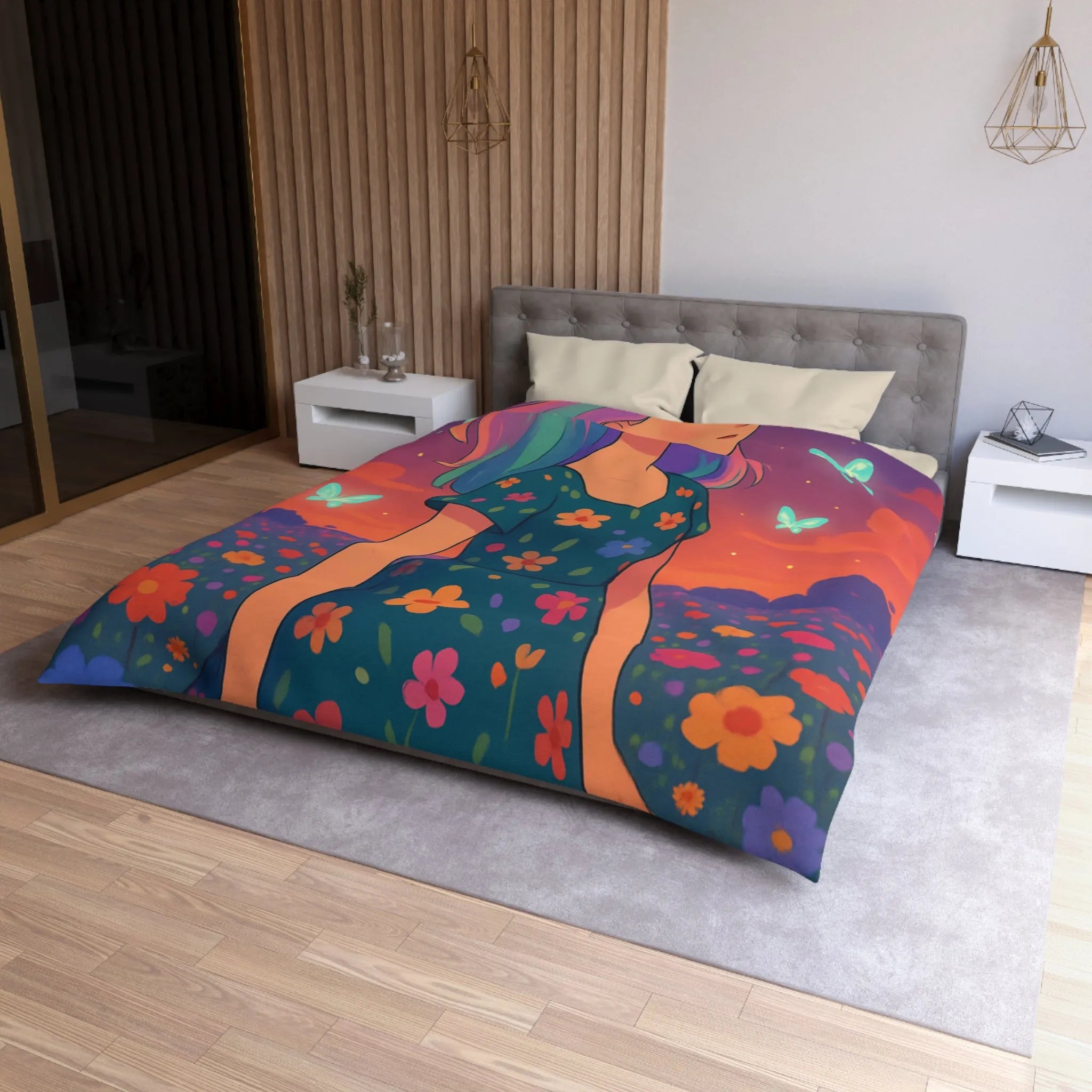 Housse de couette artistique avec fille et papillons dans champ fleuri vibrant