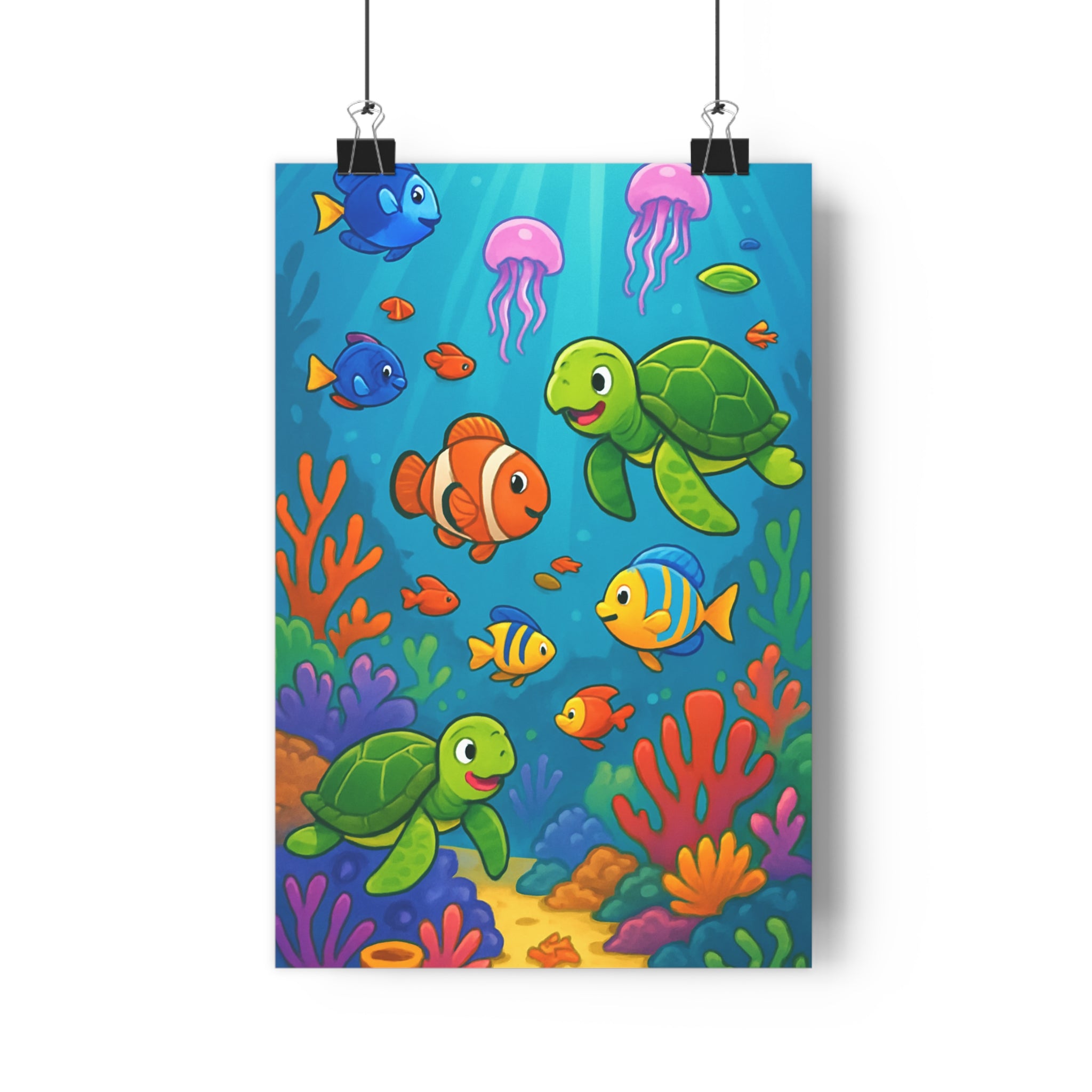 Poster décoratif sousmarin bleu corail cartoon joyeux enfant chambre tortues poissons 30x46 vibrant qualité