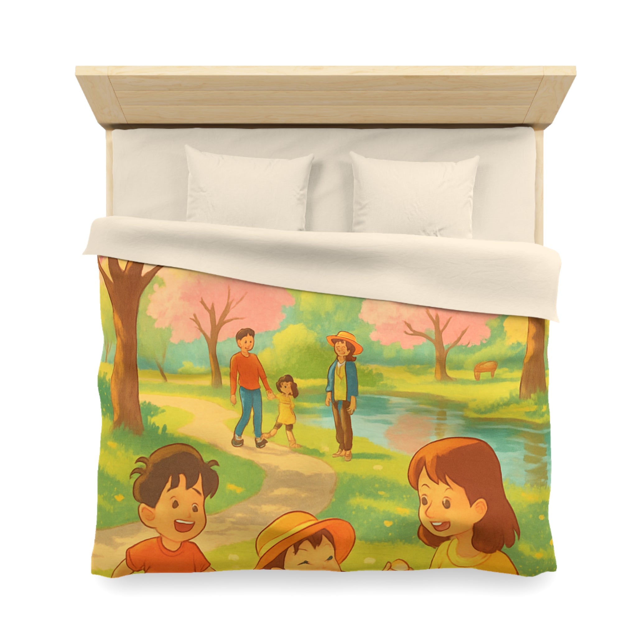 Housse de Couette Printanière avec Scène de Pique-nique Sous Cerisiers en Fleurs